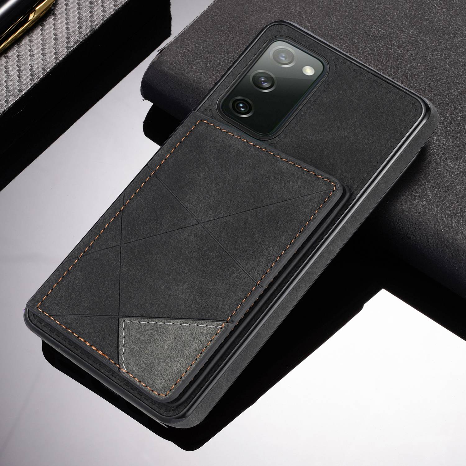 For Samsung Galaxy S20 FE 2022/S20 FE 4G/5G/S20 Lite Line Splicing Imprinting Shockproof Card Pocket Kickstand Design Protector PU Leather Phone Cover - Black