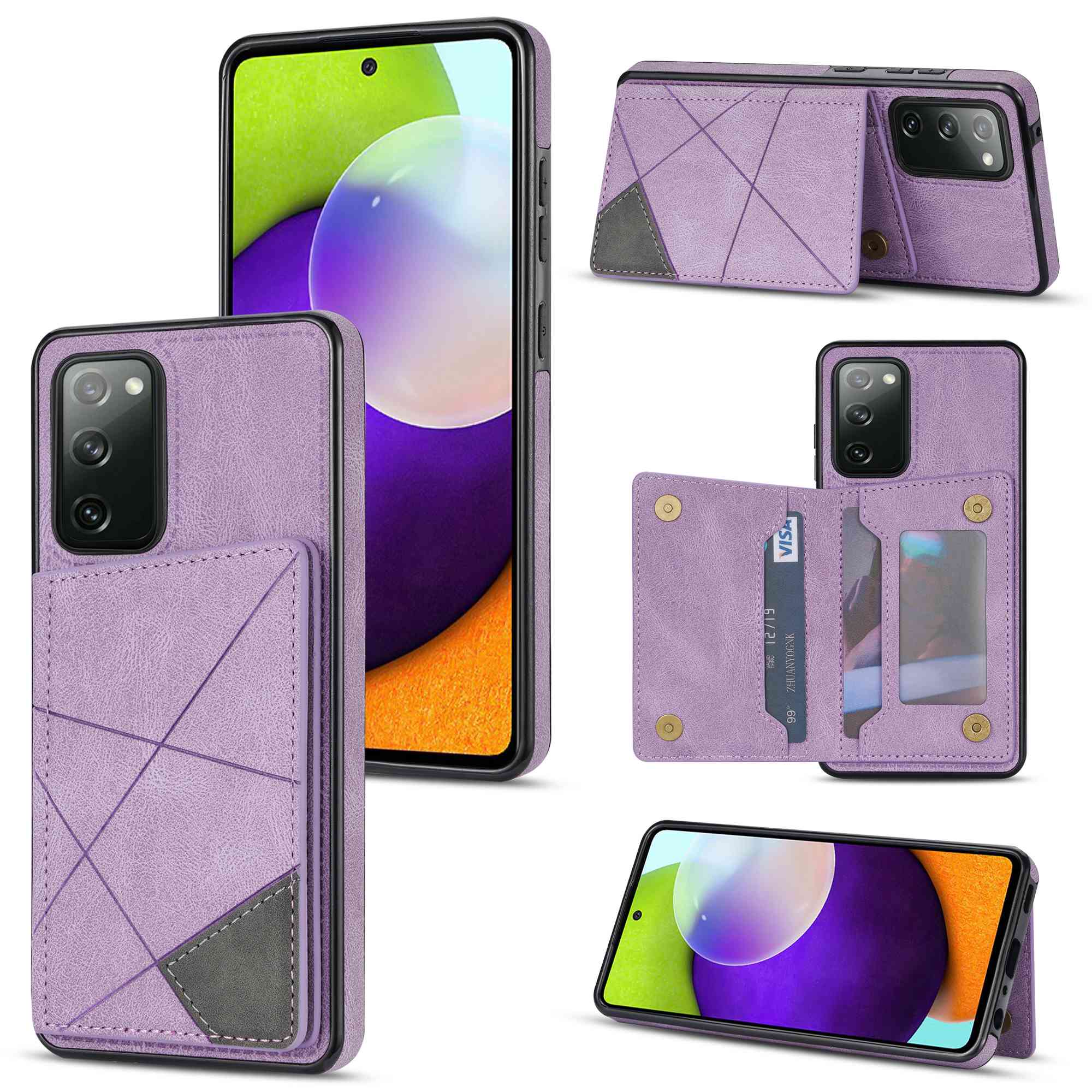 For Samsung Galaxy S20 FE 2022/S20 FE 4G/5G/S20 Lite Line Splicing Imprinting Shockproof Card Pocket Kickstand Design Protector PU Leather Phone Cover - Purple