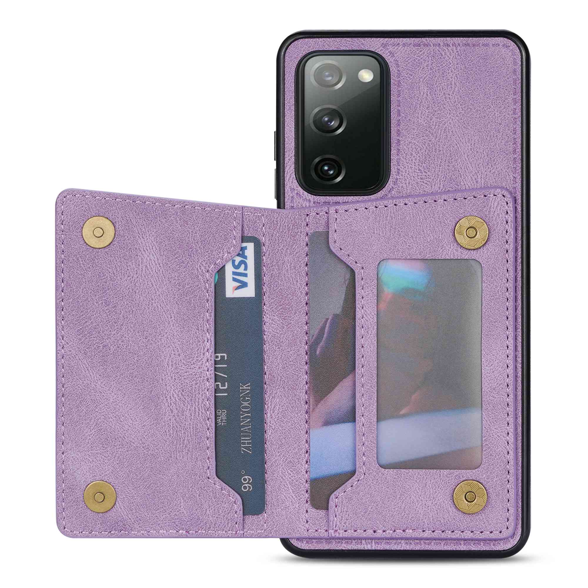 For Samsung Galaxy S20 FE 2022/S20 FE 4G/5G/S20 Lite Line Splicing Imprinting Shockproof Card Pocket Kickstand Design Protector PU Leather Phone Cover - Purple