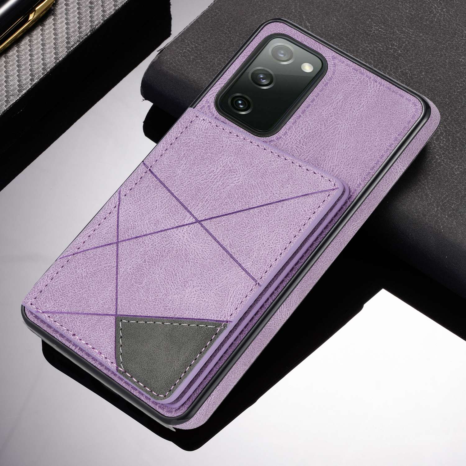 For Samsung Galaxy S20 FE 2022/S20 FE 4G/5G/S20 Lite Line Splicing Imprinting Shockproof Card Pocket Kickstand Design Protector PU Leather Phone Cover - Purple