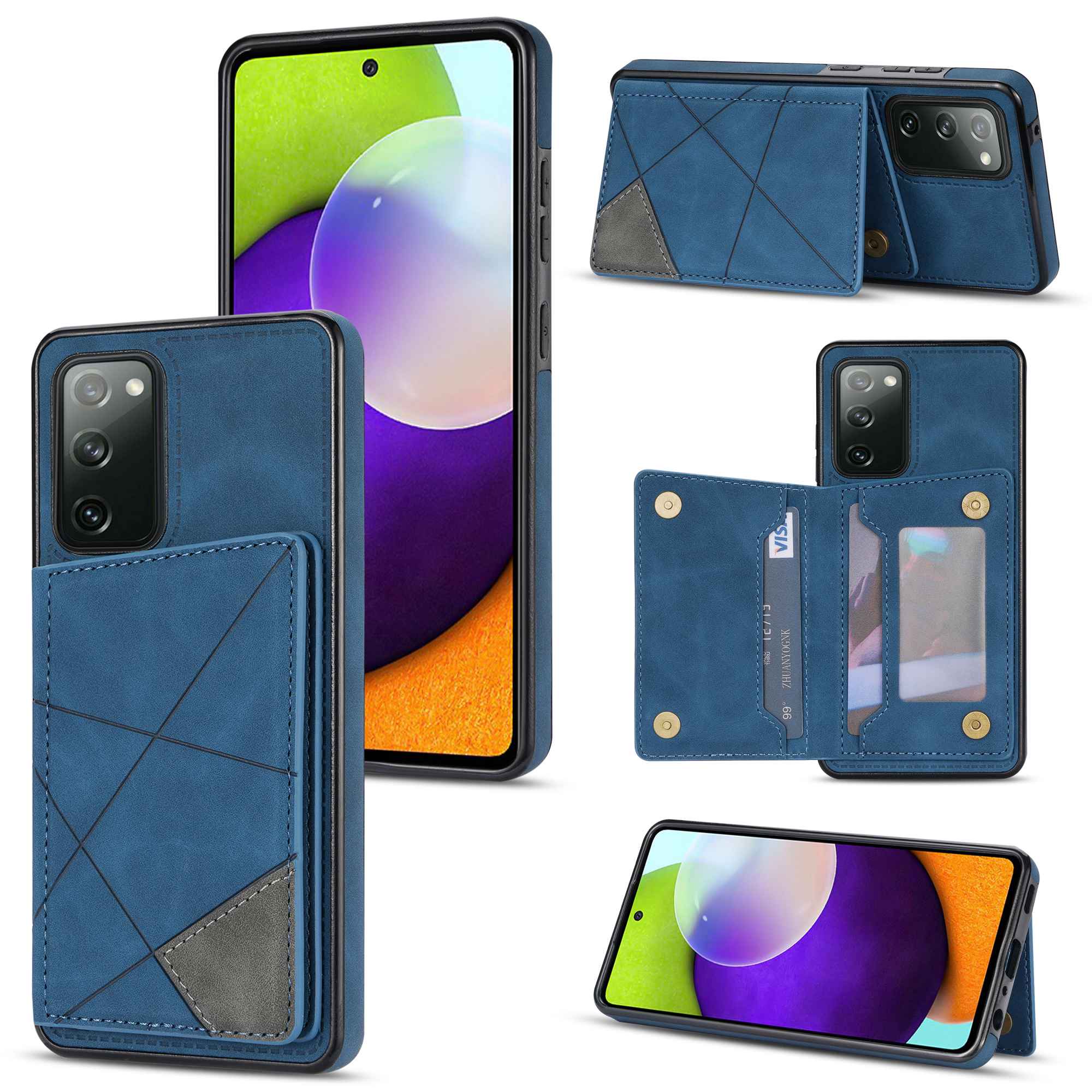 For Samsung Galaxy S20 FE 2022/S20 FE 4G/5G/S20 Lite Line Splicing Imprinting Shockproof Card Pocket Kickstand Design Protector PU Leather Phone Cover - Blue