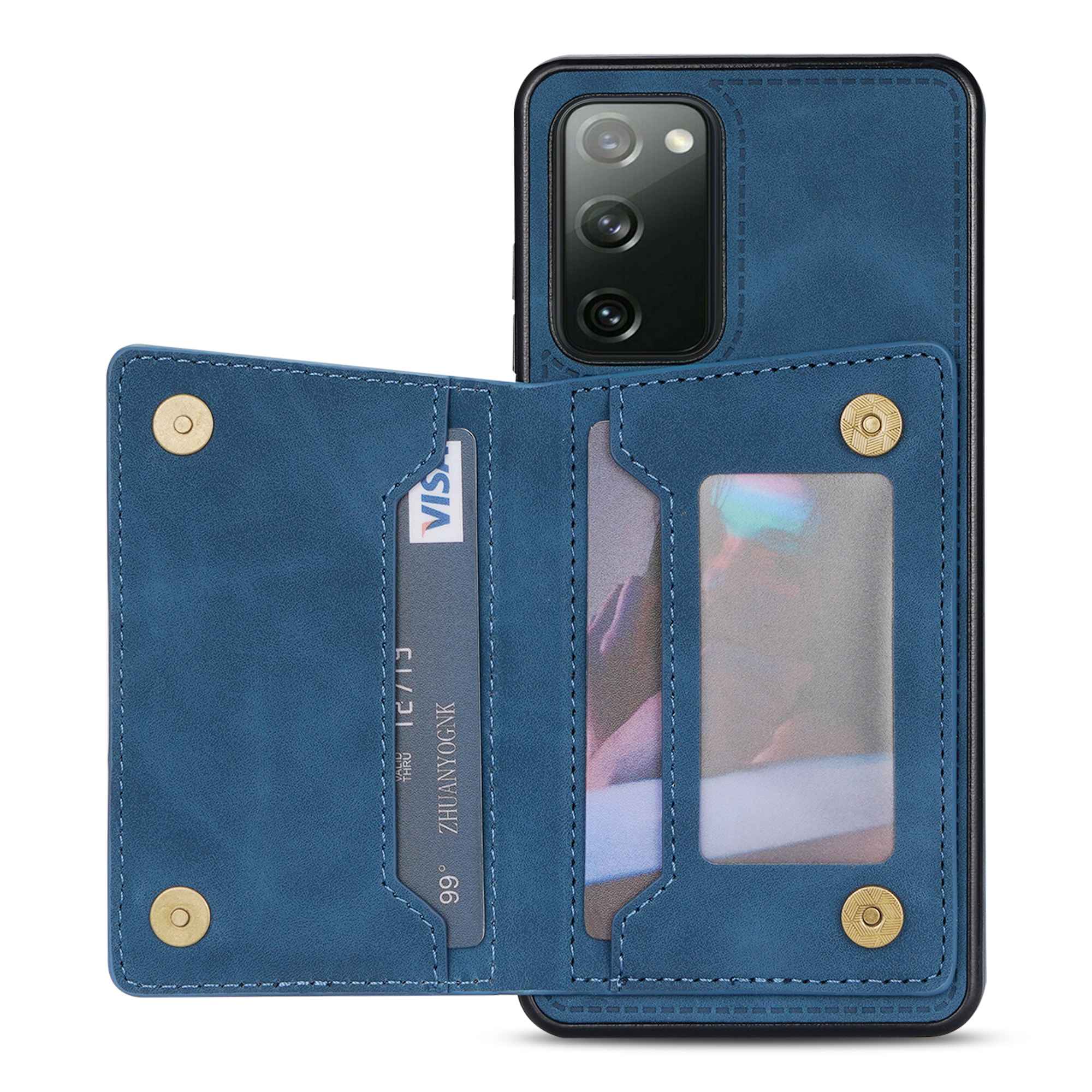 For Samsung Galaxy S20 FE 2022/S20 FE 4G/5G/S20 Lite Line Splicing Imprinting Shockproof Card Pocket Kickstand Design Protector PU Leather Phone Cover - Blue