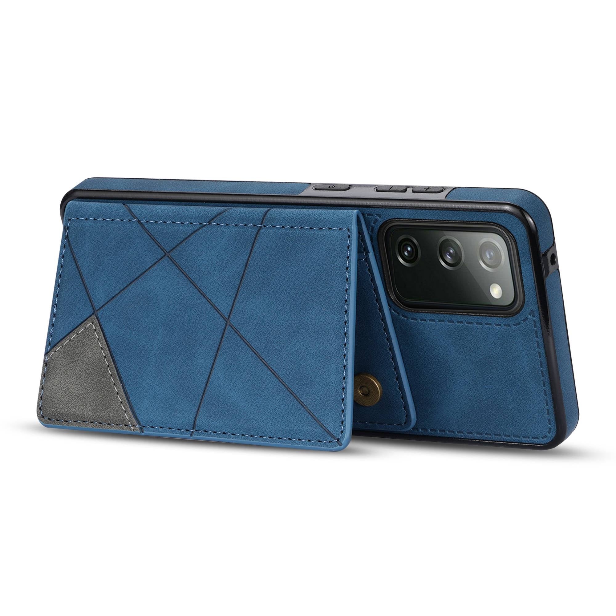 For Samsung Galaxy S20 FE 2022/S20 FE 4G/5G/S20 Lite Line Splicing Imprinting Shockproof Card Pocket Kickstand Design Protector PU Leather Phone Cover - Blue