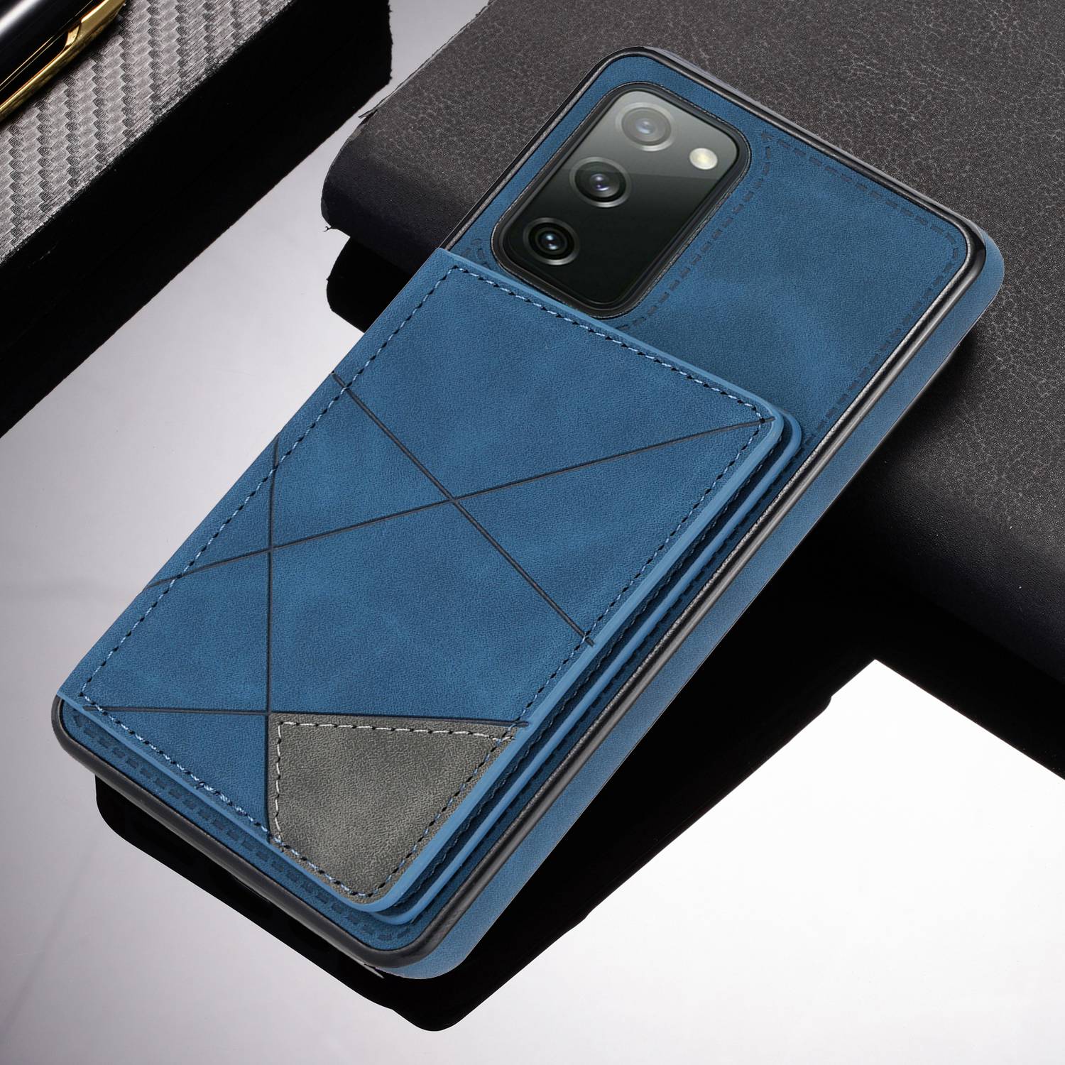 For Samsung Galaxy S20 FE 2022/S20 FE 4G/5G/S20 Lite Line Splicing Imprinting Shockproof Card Pocket Kickstand Design Protector PU Leather Phone Cover - Blue