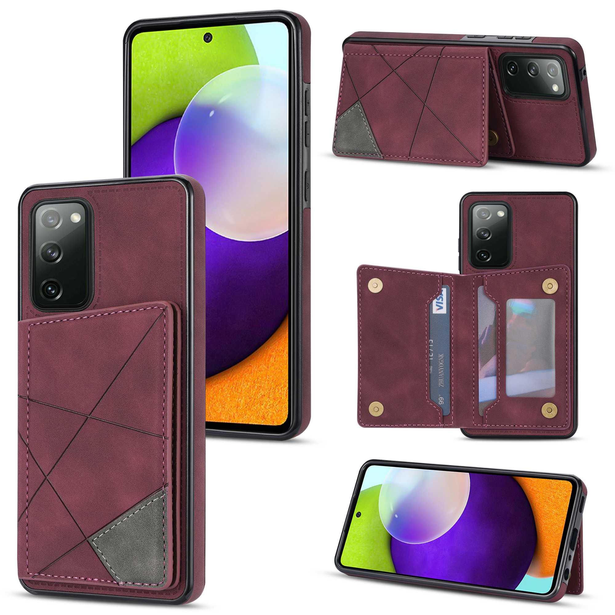 For Samsung Galaxy S20 FE 2022/S20 FE 4G/5G/S20 Lite Line Splicing Imprinting Shockproof Card Pocket Kickstand Design Protector PU Leather Phone Cover - Wine Red