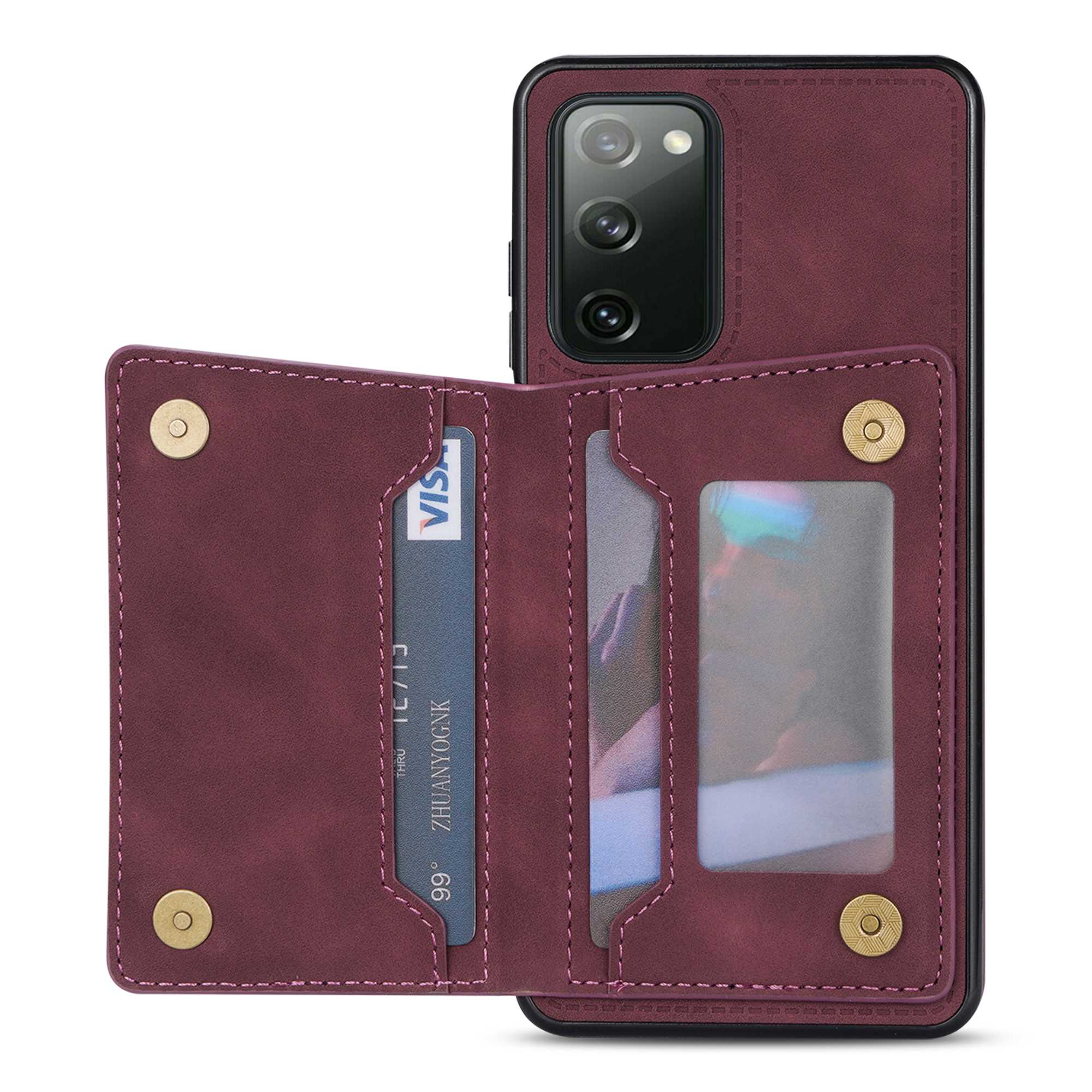 For Samsung Galaxy S20 FE 2022/S20 FE 4G/5G/S20 Lite Line Splicing Imprinting Shockproof Card Pocket Kickstand Design Protector PU Leather Phone Cover - Wine Red