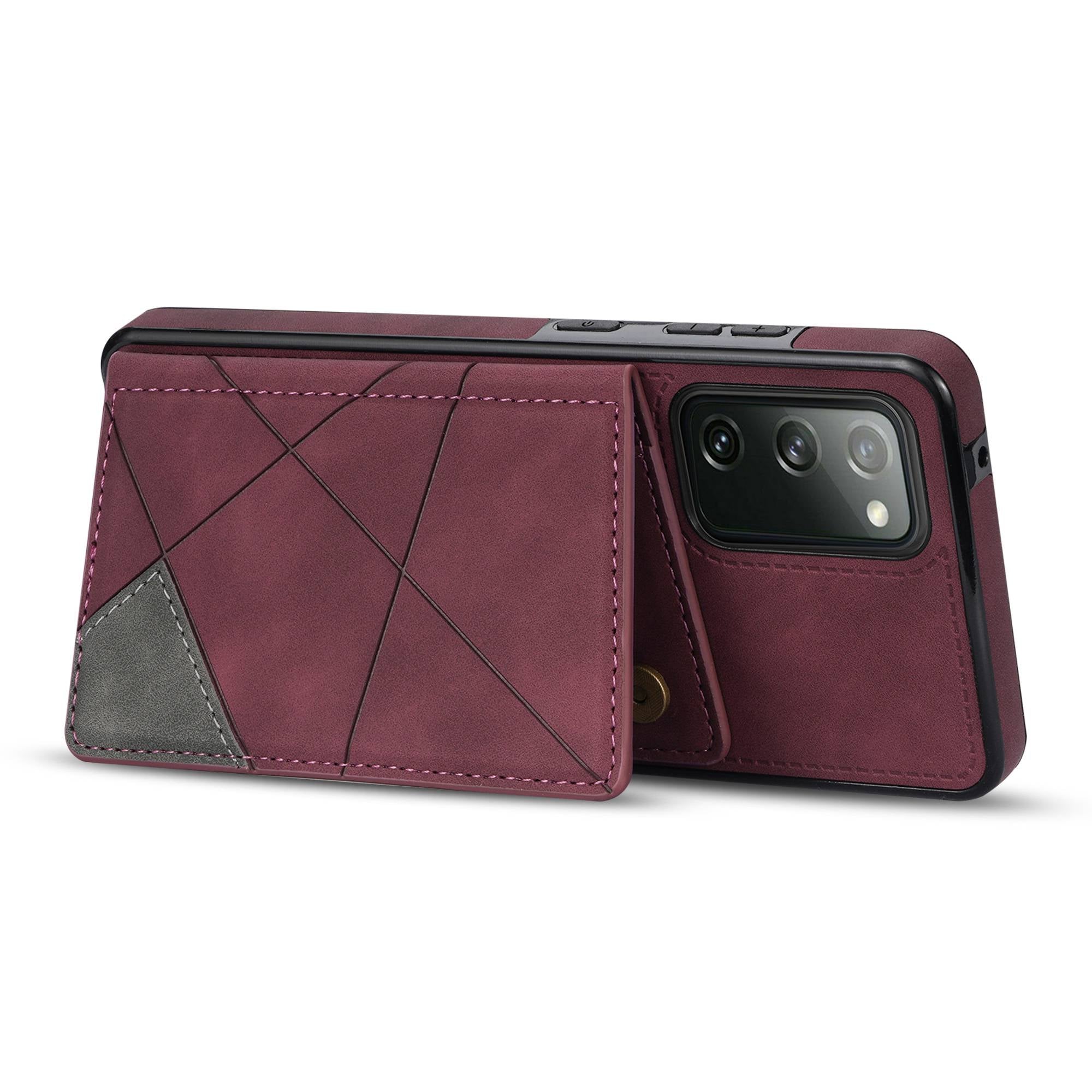 For Samsung Galaxy S20 FE 2022/S20 FE 4G/5G/S20 Lite Line Splicing Imprinting Shockproof Card Pocket Kickstand Design Protector PU Leather Phone Cover - Wine Red