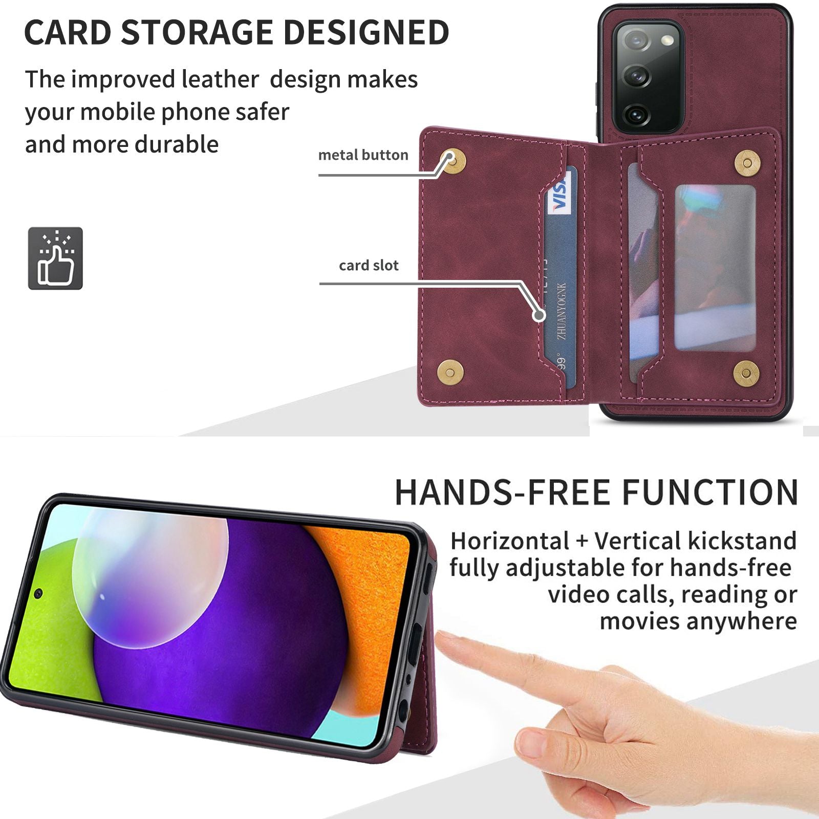 For Samsung Galaxy S20 FE 2022/S20 FE 4G/5G/S20 Lite Line Splicing Imprinting Shockproof Card Pocket Kickstand Design Protector PU Leather Phone Cover - Wine Red