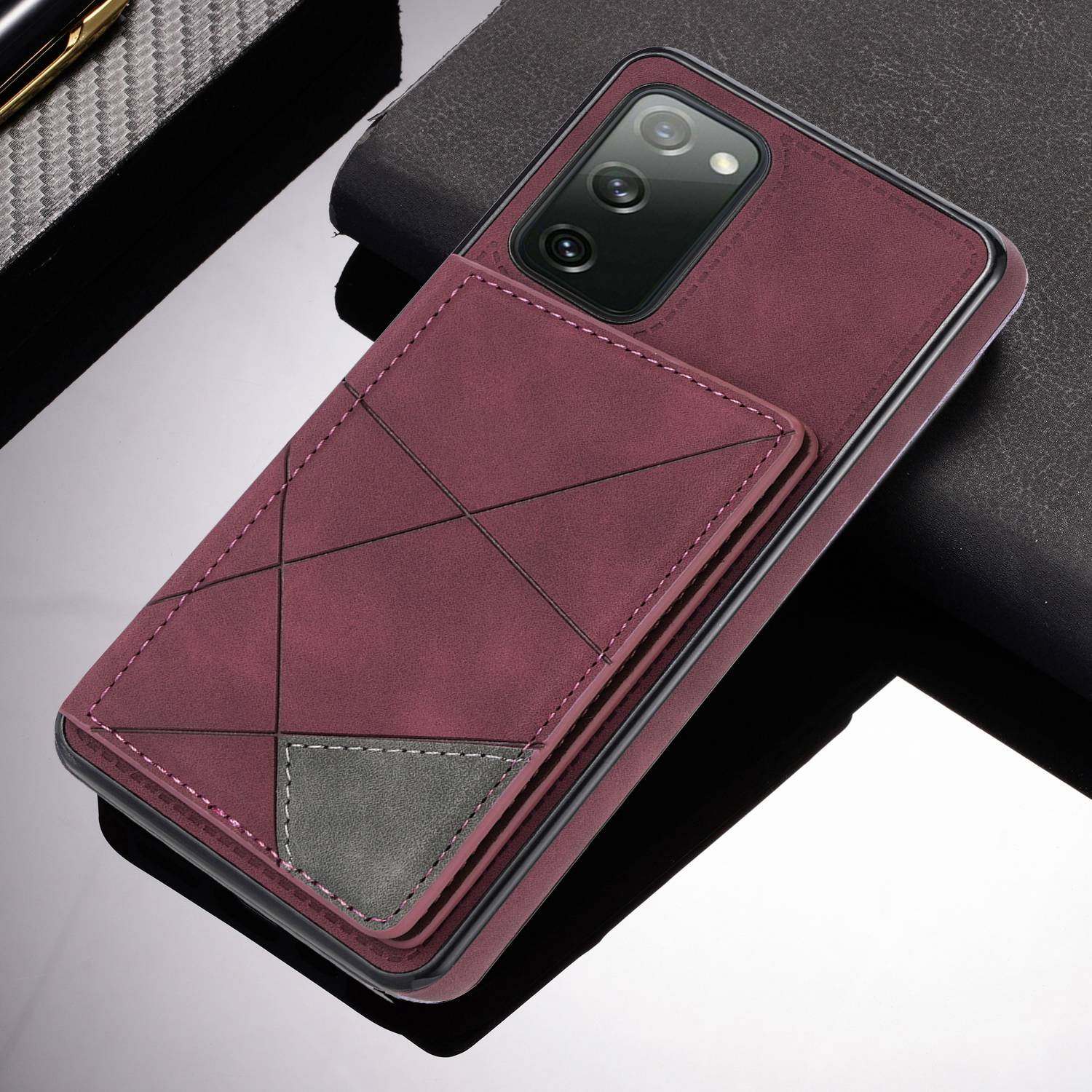 For Samsung Galaxy S20 FE 2022/S20 FE 4G/5G/S20 Lite Line Splicing Imprinting Shockproof Card Pocket Kickstand Design Protector PU Leather Phone Cover - Wine Red