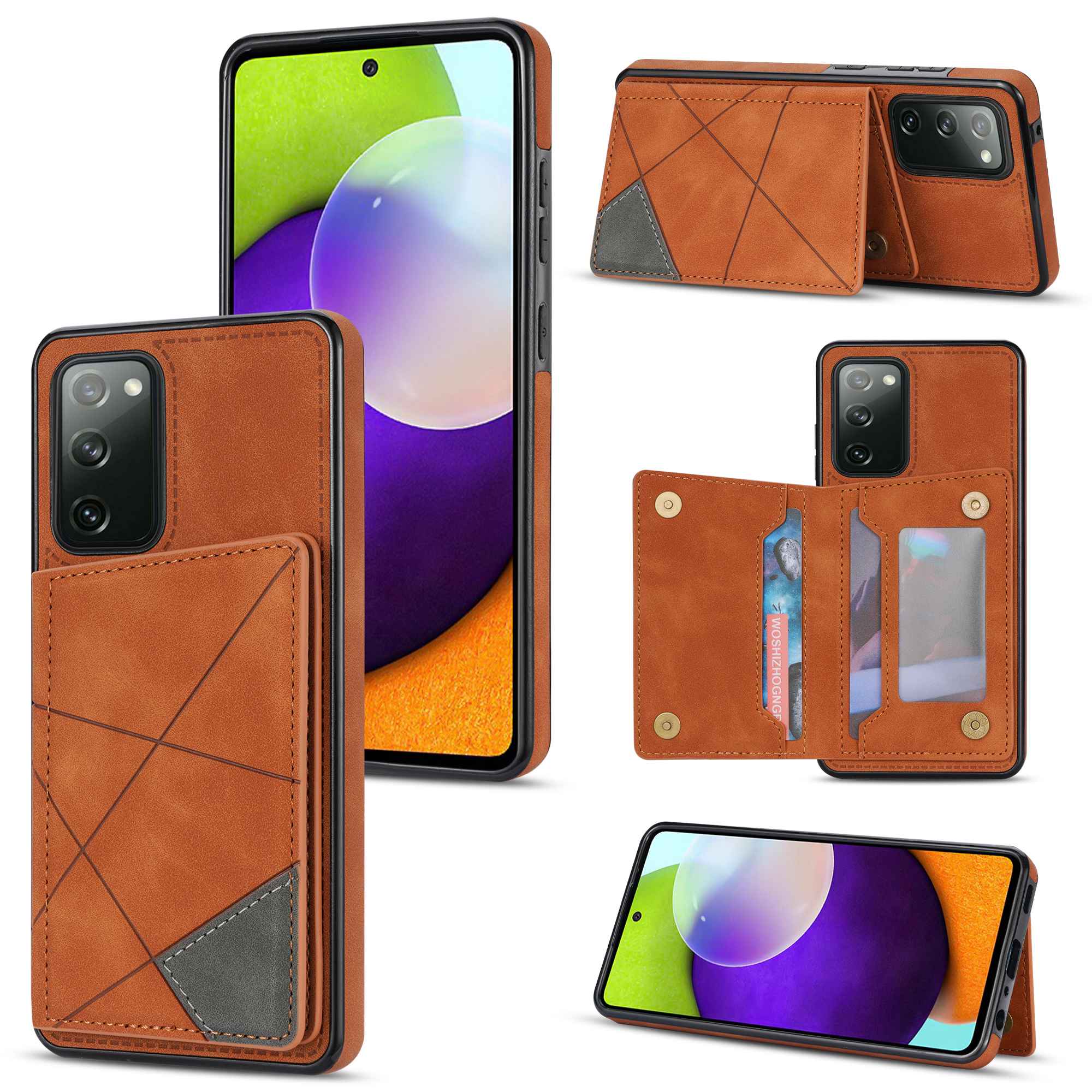 For Samsung Galaxy S20 FE 2022/S20 FE 4G/5G/S20 Lite Line Splicing Imprinting Shockproof Card Pocket Kickstand Design Protector PU Leather Phone Cover - Brown