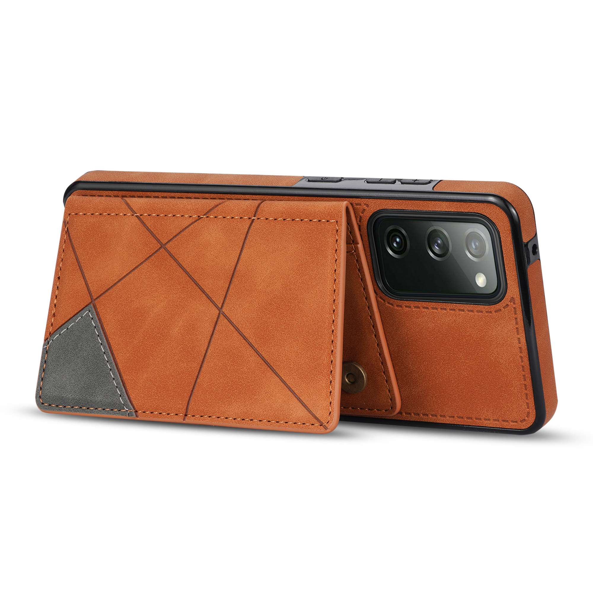 For Samsung Galaxy S20 FE 2022/S20 FE 4G/5G/S20 Lite Line Splicing Imprinting Shockproof Card Pocket Kickstand Design Protector PU Leather Phone Cover - Brown