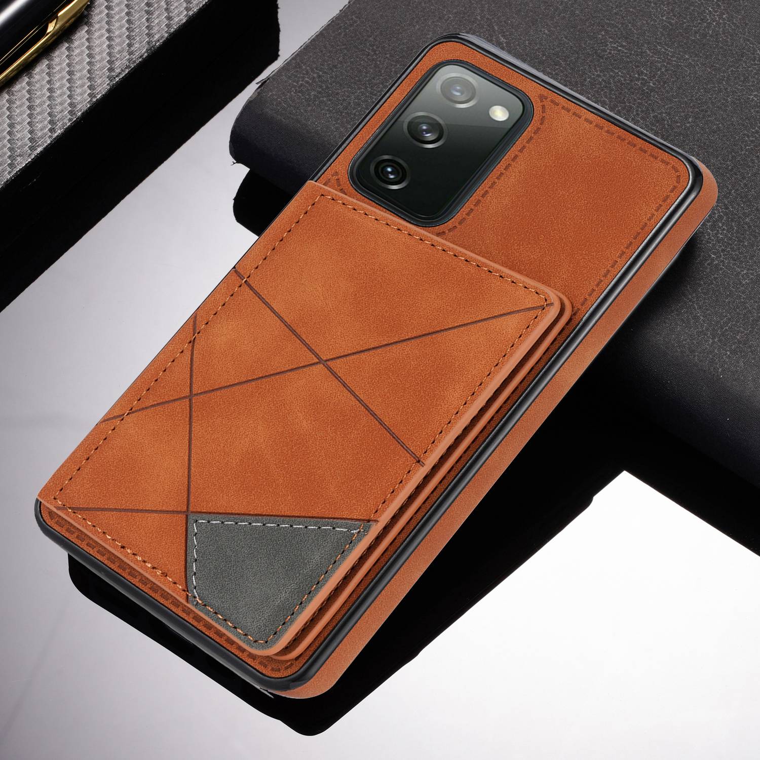 For Samsung Galaxy S20 FE 2022/S20 FE 4G/5G/S20 Lite Line Splicing Imprinting Shockproof Card Pocket Kickstand Design Protector PU Leather Phone Cover - Brown