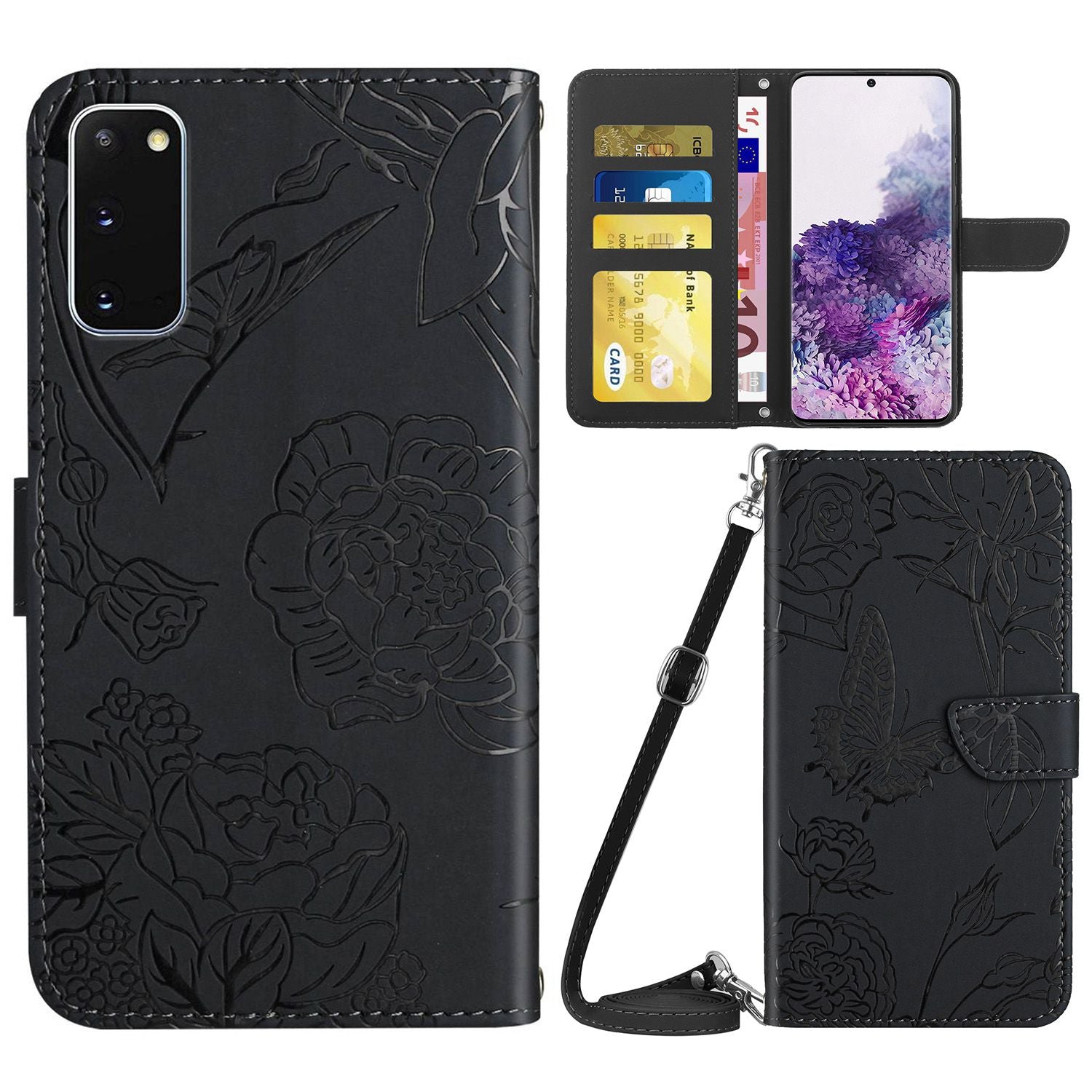 For Samsung Galaxy S20 4G/5G Imprinted Butterfly Flower Skin-touch PU Leather Wallet Stand Case with Shoulder Strap - Black