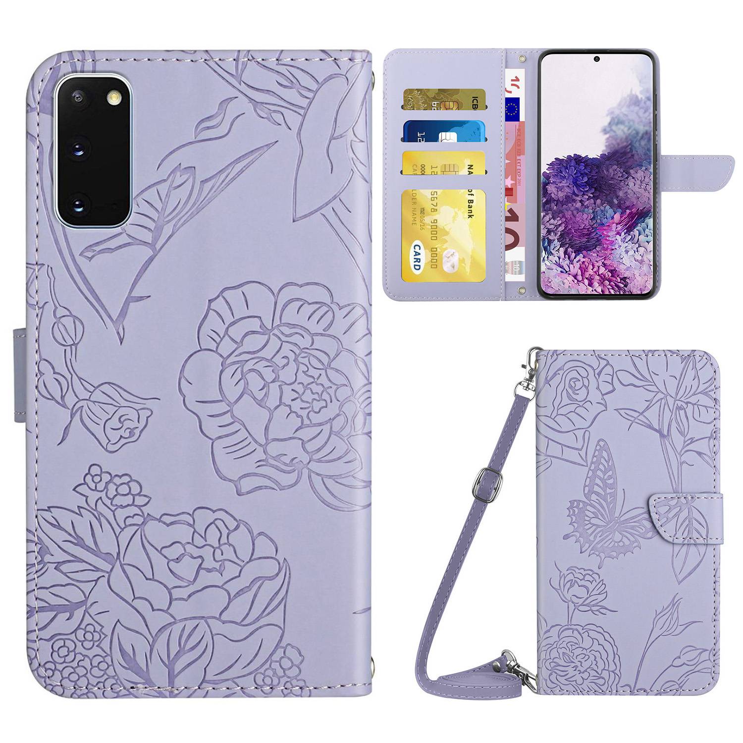 For Samsung Galaxy S20 4G/5G Imprinted Butterfly Flower Skin-touch PU Leather Wallet Stand Case with Shoulder Strap - Light Purple