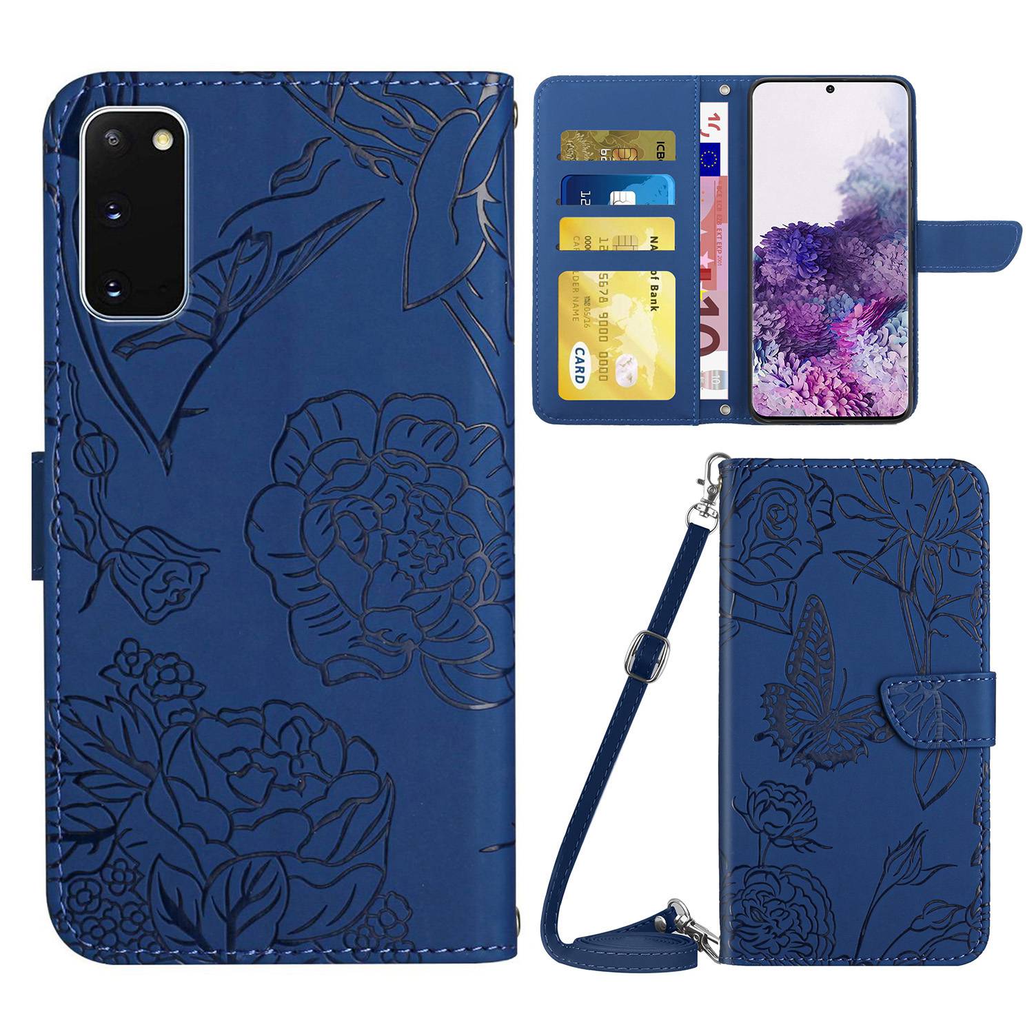 For Samsung Galaxy S20 4G/5G Imprinted Butterfly Flower Skin-touch PU Leather Wallet Stand Case with Shoulder Strap - Blue