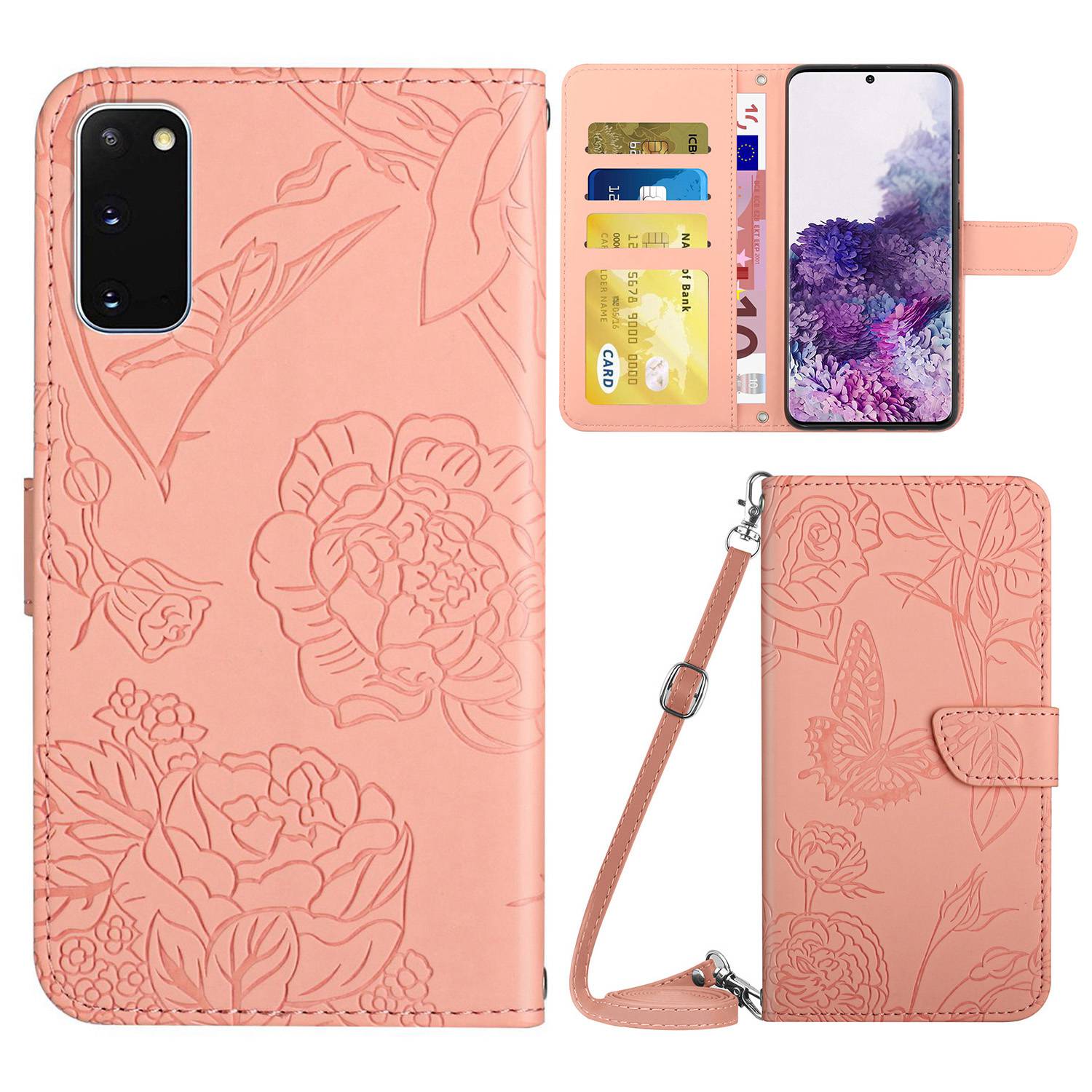 For Samsung Galaxy S20 4G/5G Imprinted Butterfly Flower Skin-touch PU Leather Wallet Stand Case with Shoulder Strap - Pink