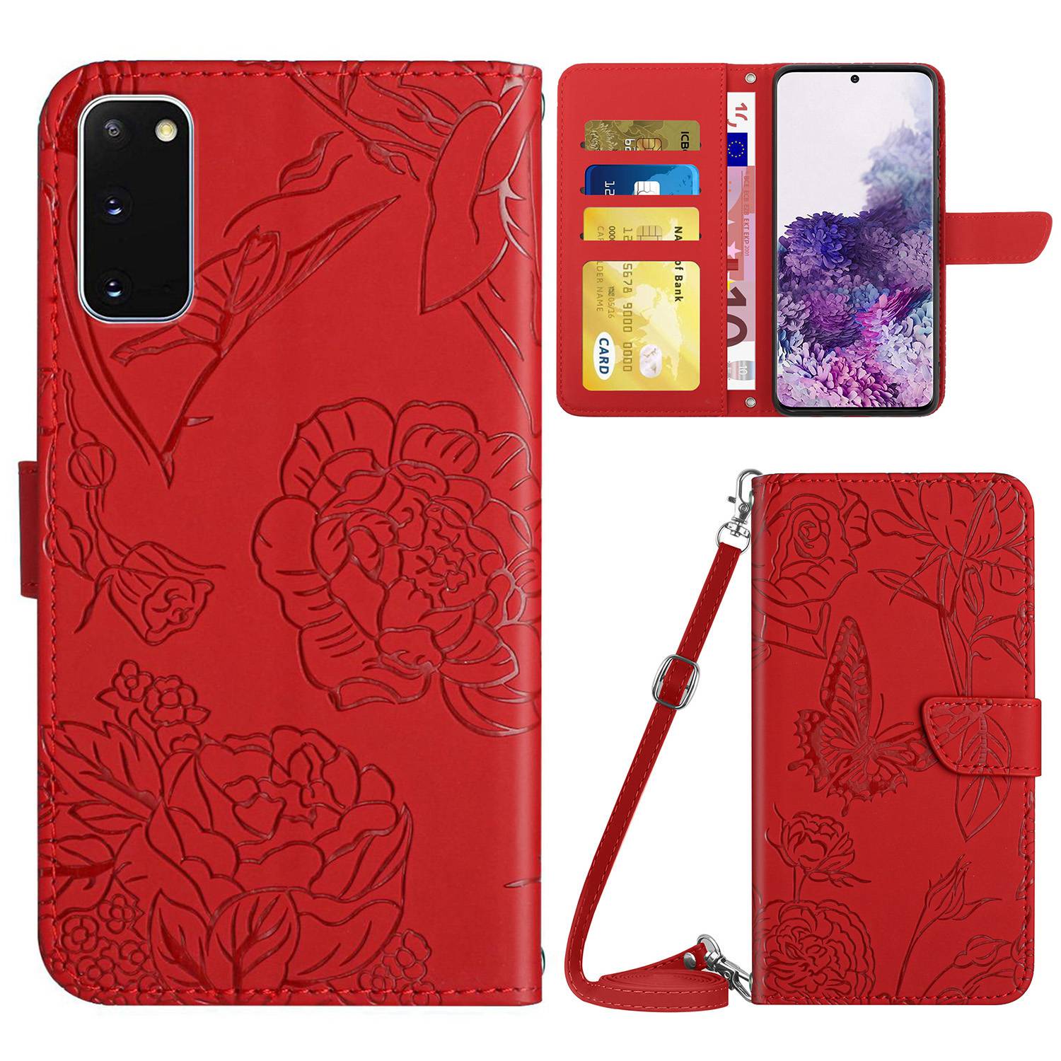 For Samsung Galaxy S20 4G/5G Imprinted Butterfly Flower Skin-touch PU Leather Wallet Stand Case with Shoulder Strap - Red