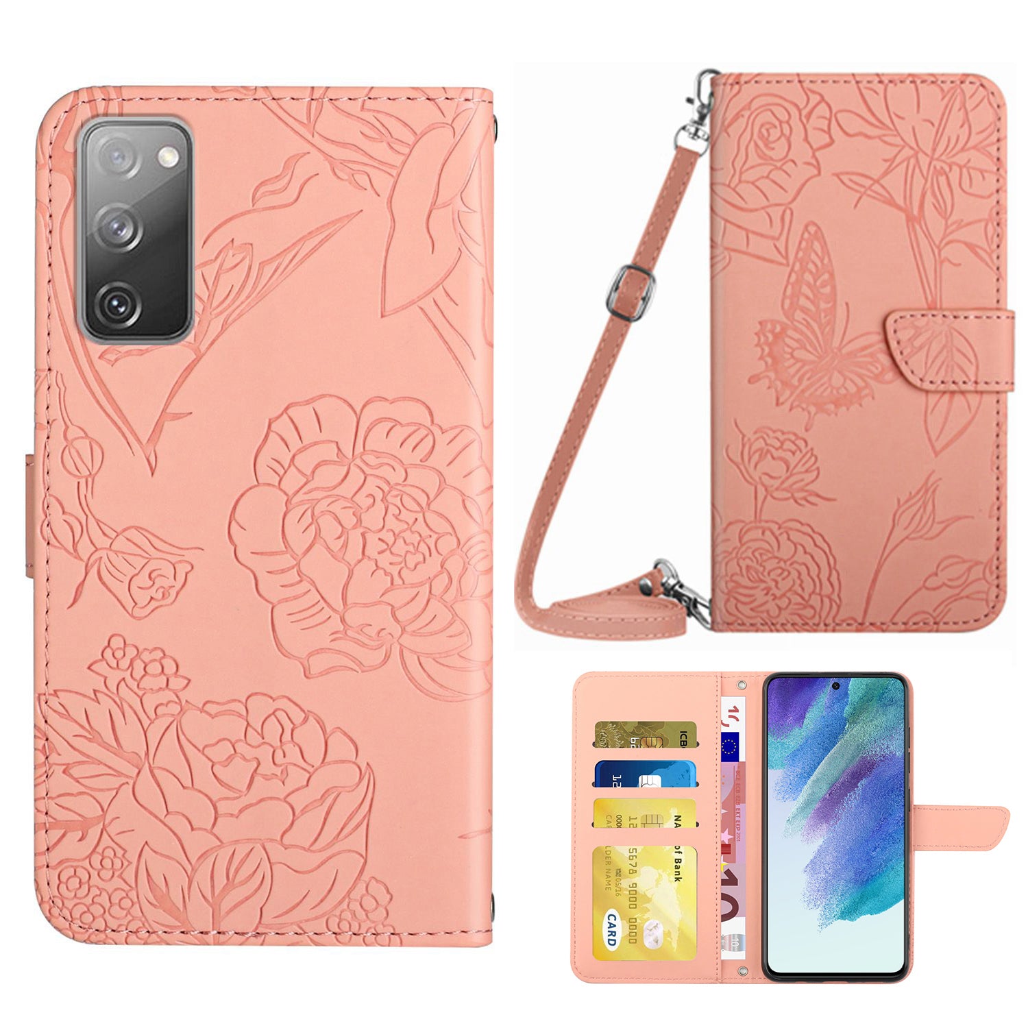 For Samsung Galaxy S20 FE 2022/S20 Lite/S20 FE 5G/4G/S20 FE 2022 Skin-touch Feeling Stand Wallet PU Leather Phone Cover, Pattern Imprinting Design Phone Shell with Shoulder Strap - Pink