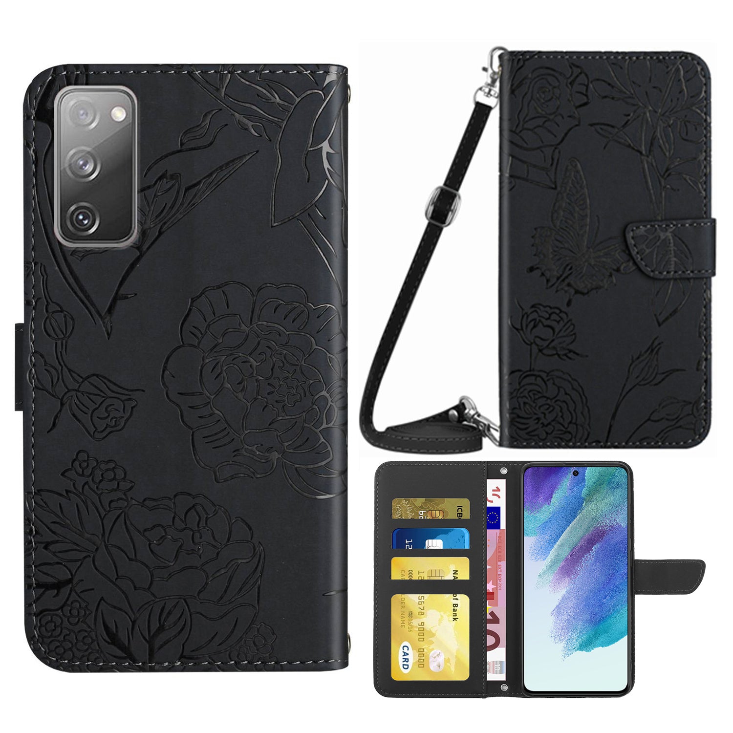 For Samsung Galaxy S20 FE 2022/S20 Lite/S20 FE 5G/4G/S20 FE 2022 Skin-touch Feeling Stand Wallet PU Leather Phone Cover, Pattern Imprinting Design Phone Shell with Shoulder Strap - Black