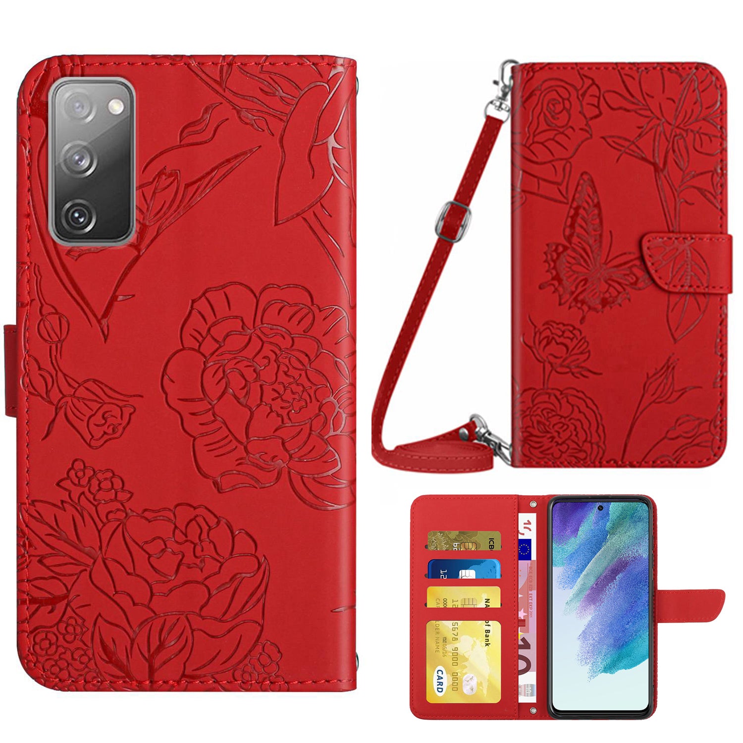 For Samsung Galaxy S20 FE 2022/S20 Lite/S20 FE 5G/4G/S20 FE 2022 Skin-touch Feeling Stand Wallet PU Leather Phone Cover, Pattern Imprinting Design Phone Shell with Shoulder Strap - Red