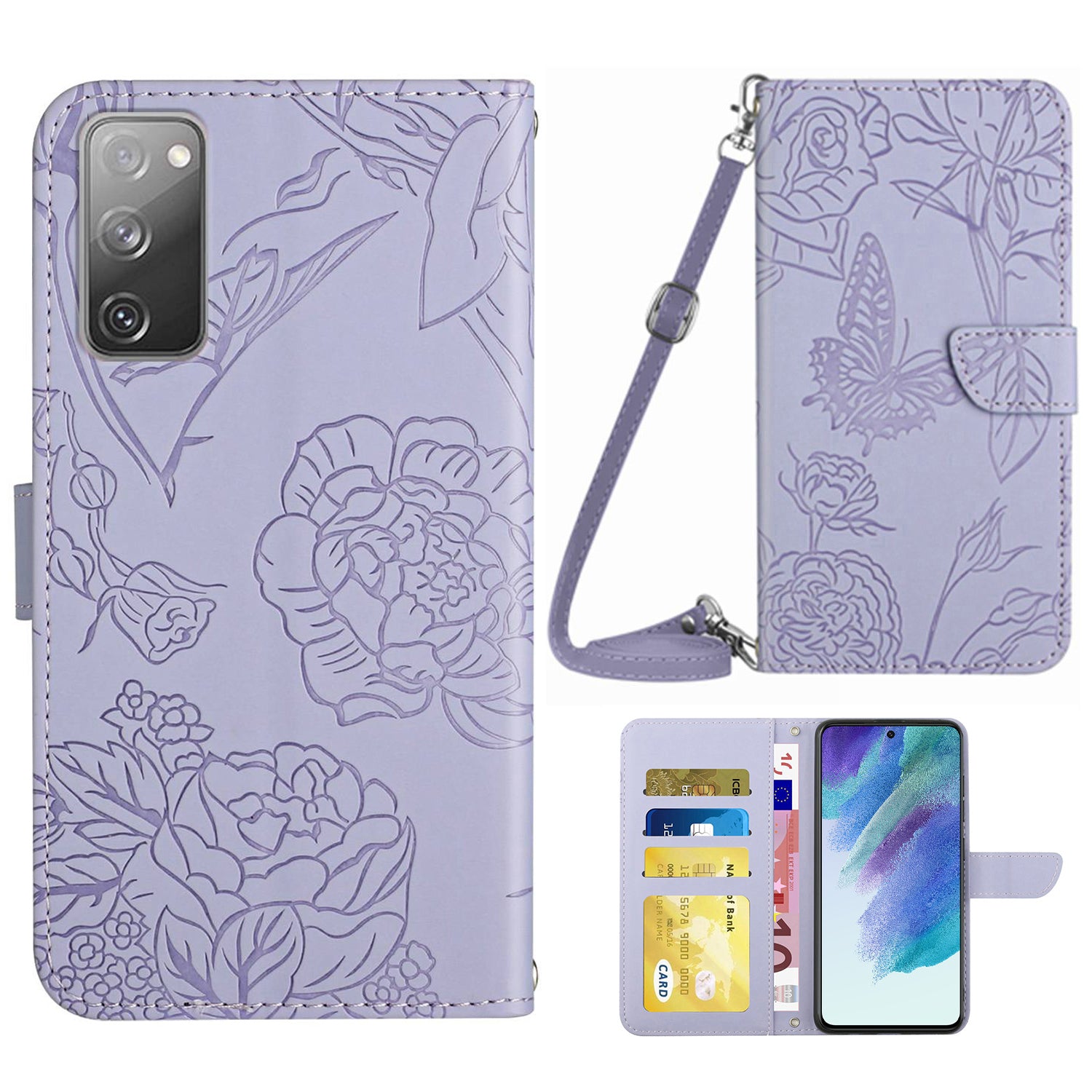 For Samsung Galaxy S20 FE 2022/S20 Lite/S20 FE 5G/4G/S20 FE 2022 Skin-touch Feeling Stand Wallet PU Leather Phone Cover, Pattern Imprinting Design Phone Shell with Shoulder Strap - Light Purple