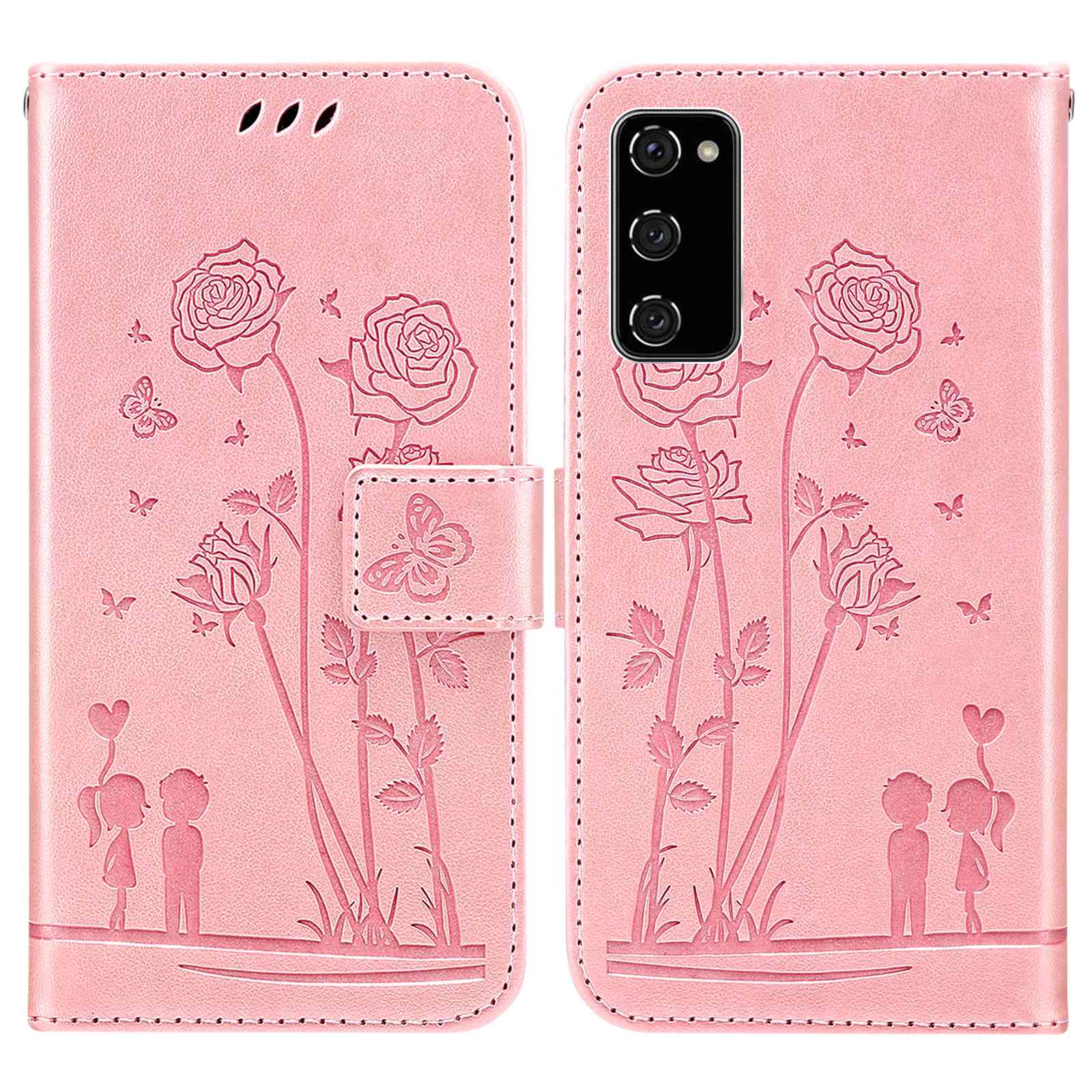 For Samsung Galaxy S20 FE 2022/S20 FE 4G/5G/S20 Lite Phone Cover Bag PU Leather Flowers Couples Imprinted Case Stand Wallet Shell - Pink