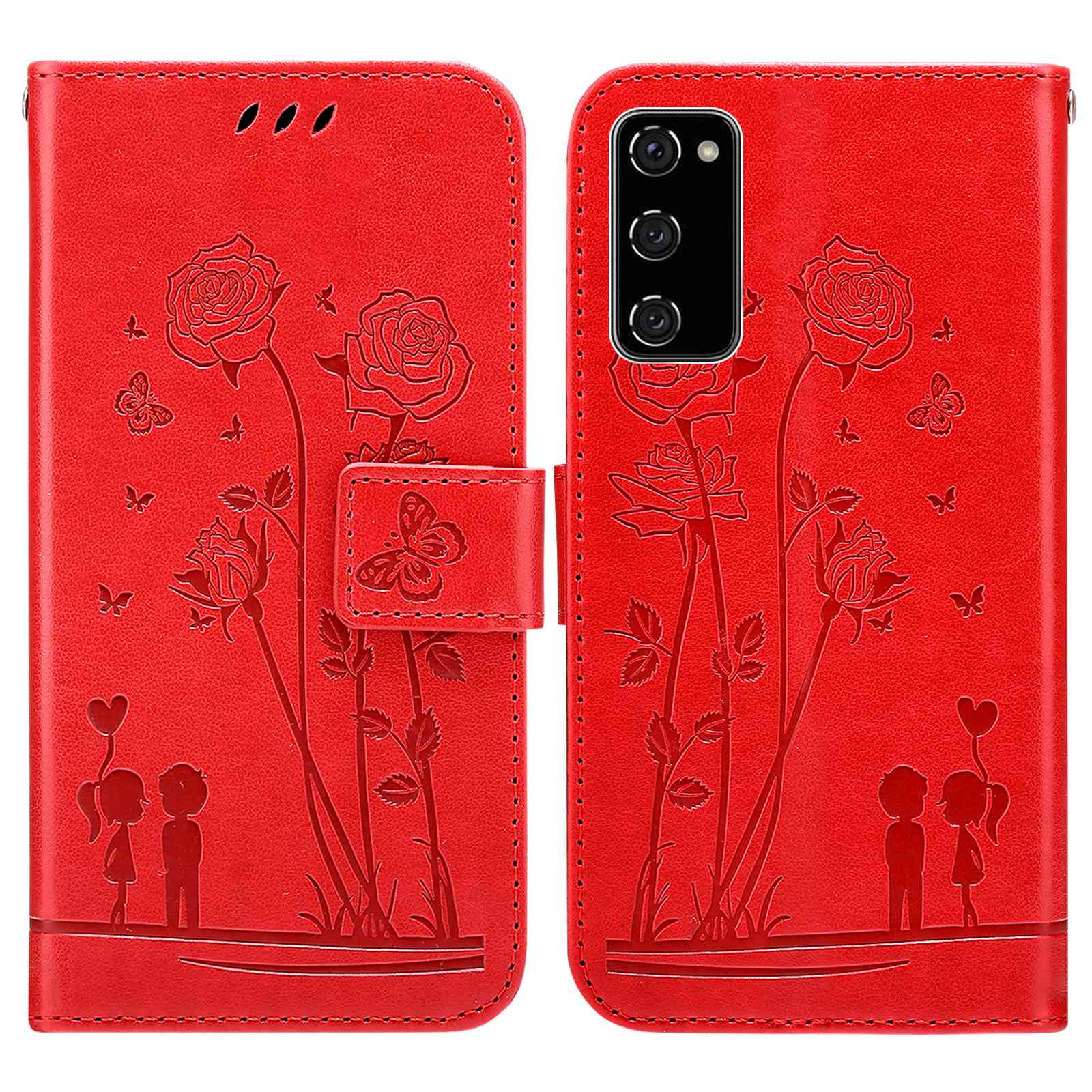 For Samsung Galaxy S20 FE 2022/S20 FE 4G/5G/S20 Lite Phone Cover Bag PU Leather Flowers Couples Imprinted Case Stand Wallet Shell - Red