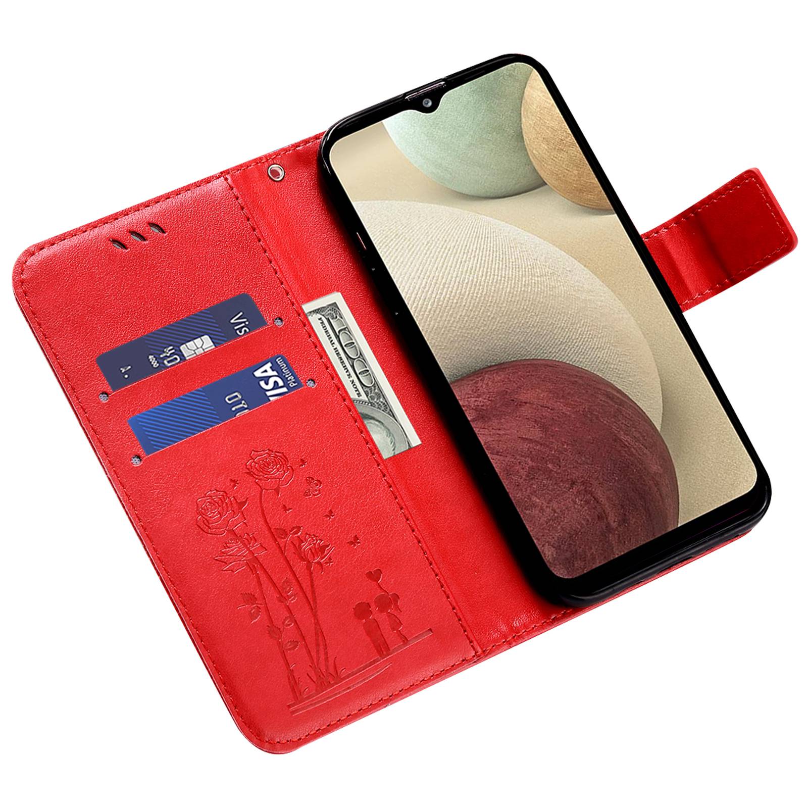 For Samsung Galaxy S20 FE 2022/S20 FE 4G/5G/S20 Lite Phone Cover Bag PU Leather Flowers Couples Imprinted Case Stand Wallet Shell - Red