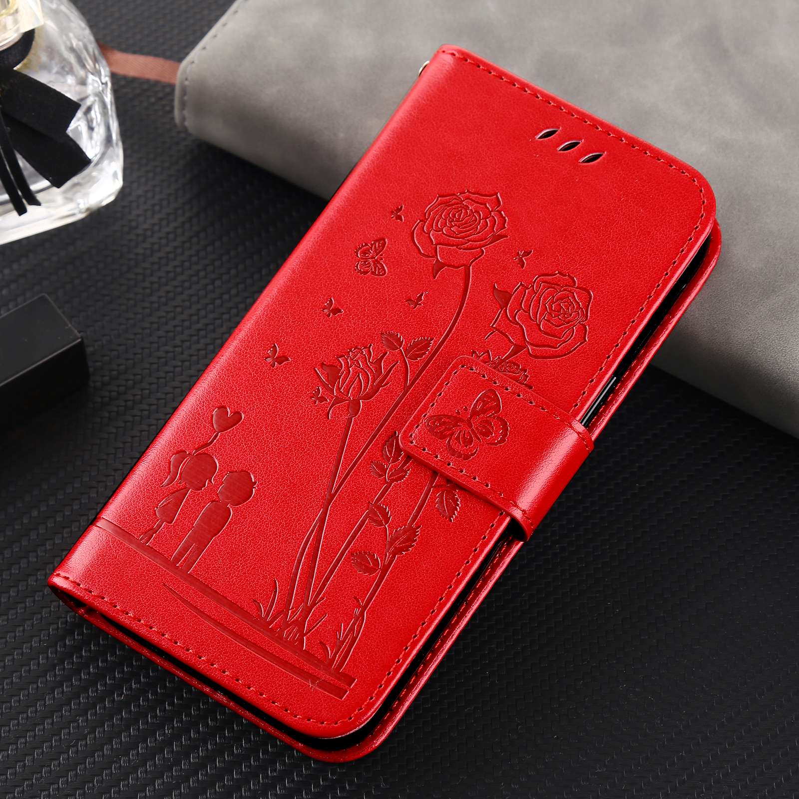 For Samsung Galaxy S20 FE 2022/S20 FE 4G/5G/S20 Lite Phone Cover Bag PU Leather Flowers Couples Imprinted Case Stand Wallet Shell - Red