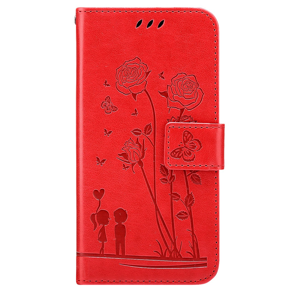 For Samsung Galaxy S20 FE 2022/S20 FE 4G/5G/S20 Lite Phone Cover Bag PU Leather Flowers Couples Imprinted Case Stand Wallet Shell - Red