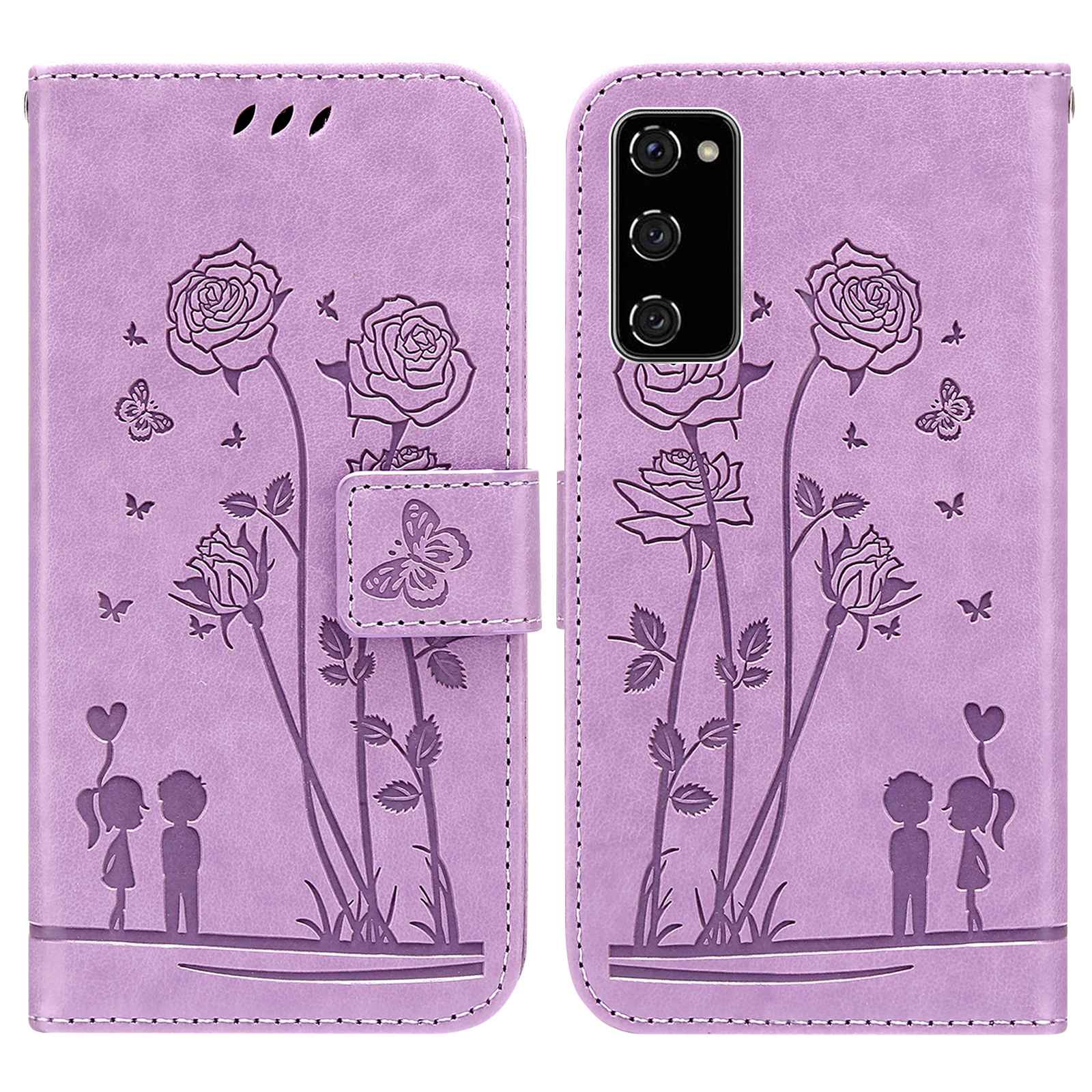 For Samsung Galaxy S20 FE 2022/S20 FE 4G/5G/S20 Lite Phone Cover Bag PU Leather Flowers Couples Imprinted Case Stand Wallet Shell - Purple