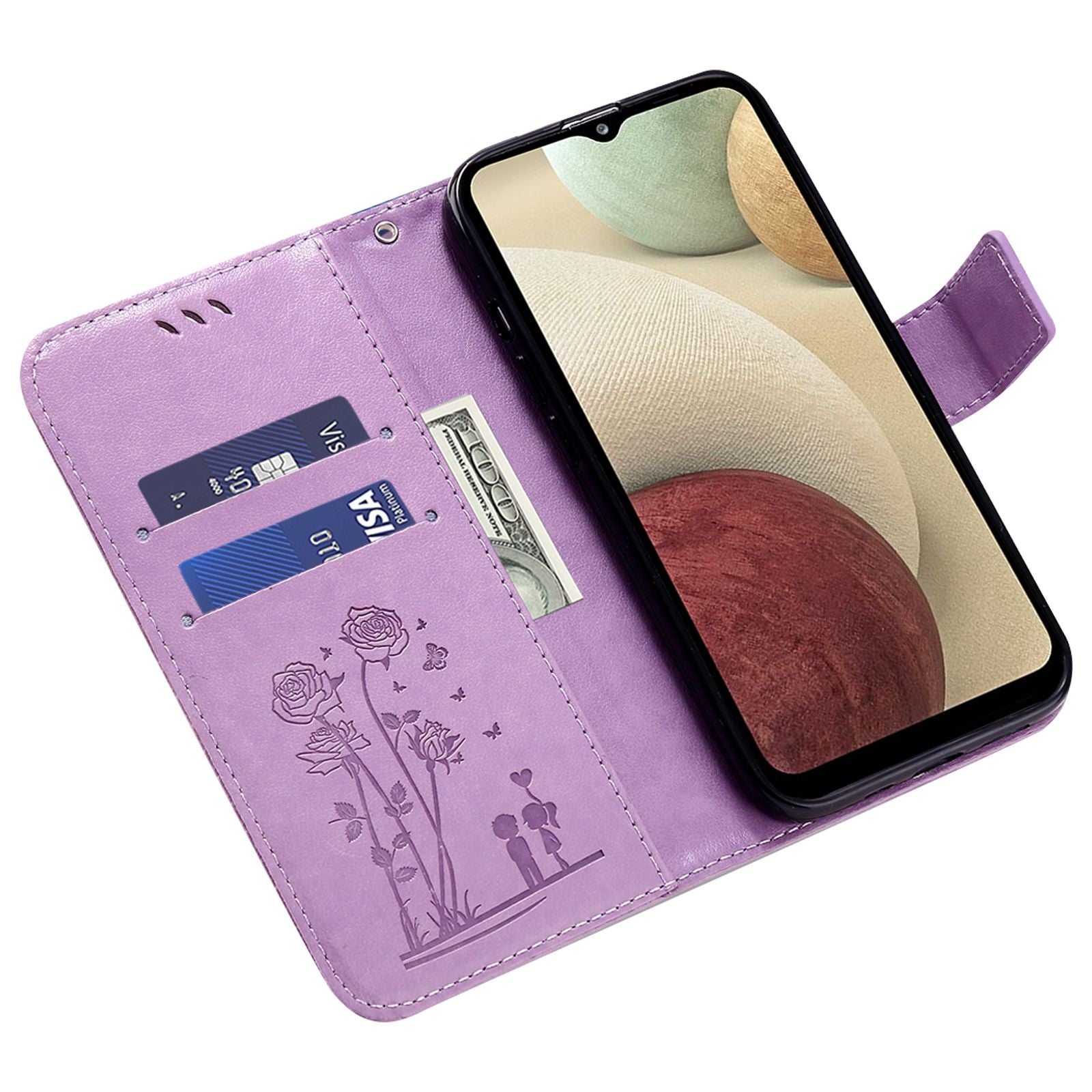 For Samsung Galaxy S20 FE 2022/S20 FE 4G/5G/S20 Lite Phone Cover Bag PU Leather Flowers Couples Imprinted Case Stand Wallet Shell - Purple