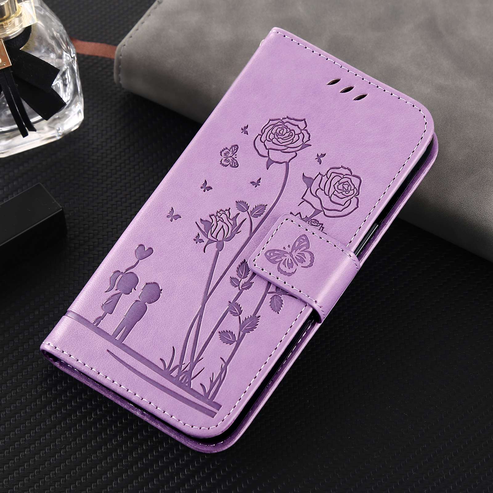 For Samsung Galaxy S20 FE 2022/S20 FE 4G/5G/S20 Lite Phone Cover Bag PU Leather Flowers Couples Imprinted Case Stand Wallet Shell - Purple