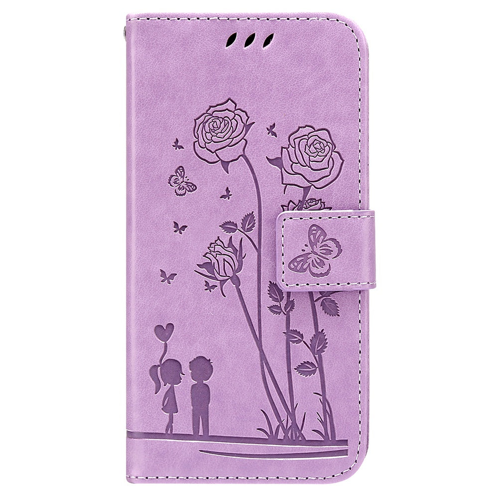 For Samsung Galaxy S20 FE 2022/S20 FE 4G/5G/S20 Lite Phone Cover Bag PU Leather Flowers Couples Imprinted Case Stand Wallet Shell - Purple