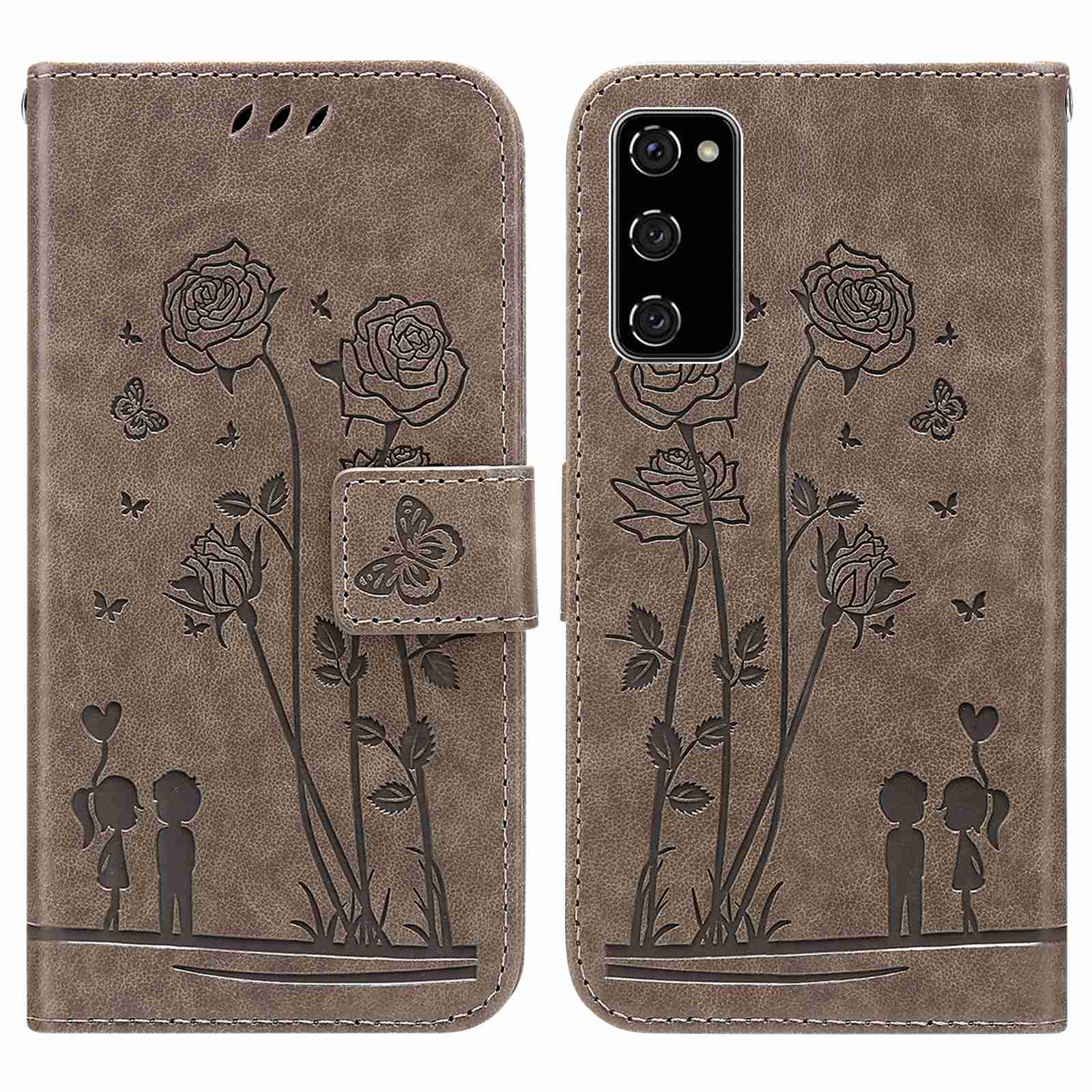 For Samsung Galaxy S20 FE 2022/S20 FE 4G/5G/S20 Lite Phone Cover Bag PU Leather Flowers Couples Imprinted Case Stand Wallet Shell - Grey