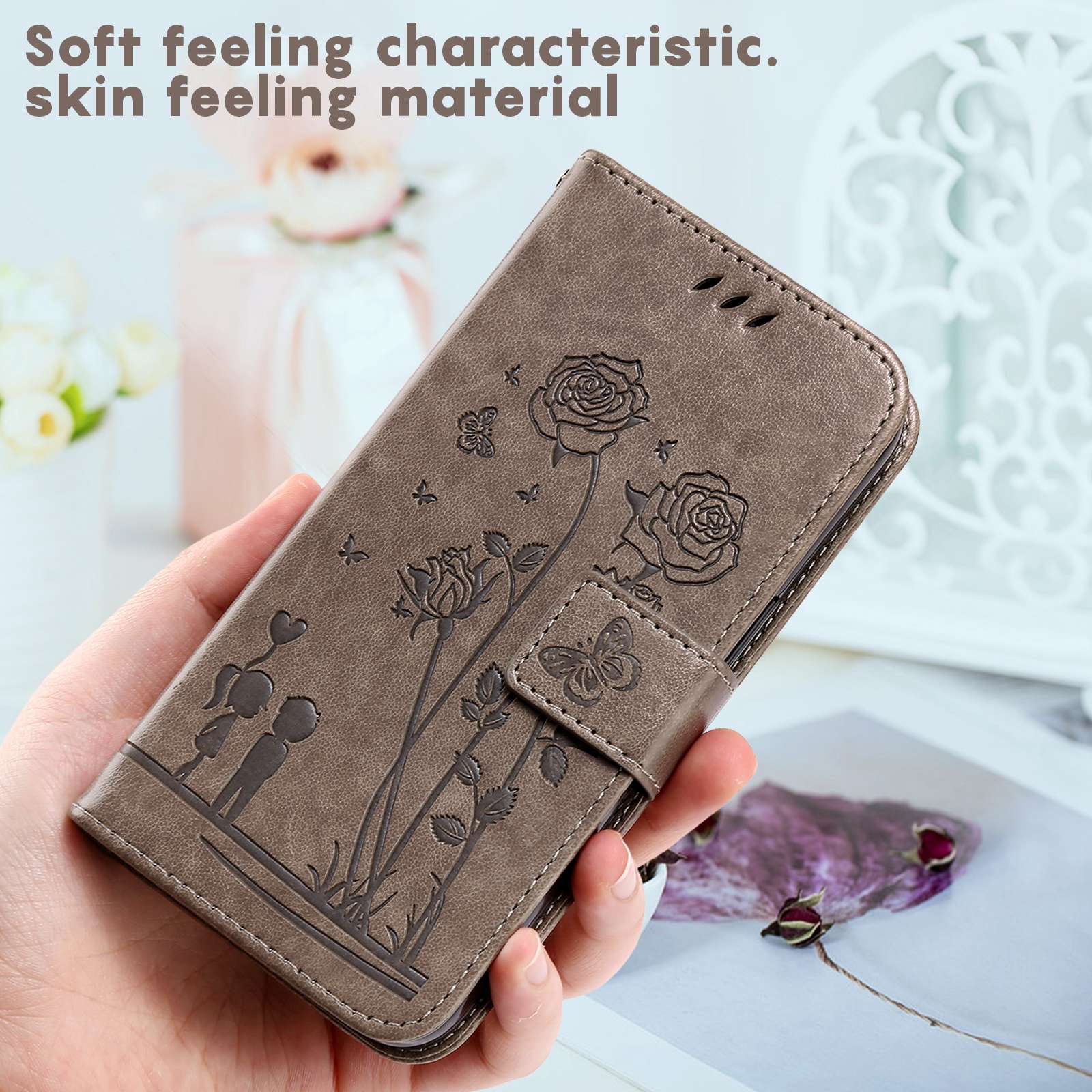 For Samsung Galaxy S20 FE 2022/S20 FE 4G/5G/S20 Lite Phone Cover Bag PU Leather Flowers Couples Imprinted Case Stand Wallet Shell - Grey