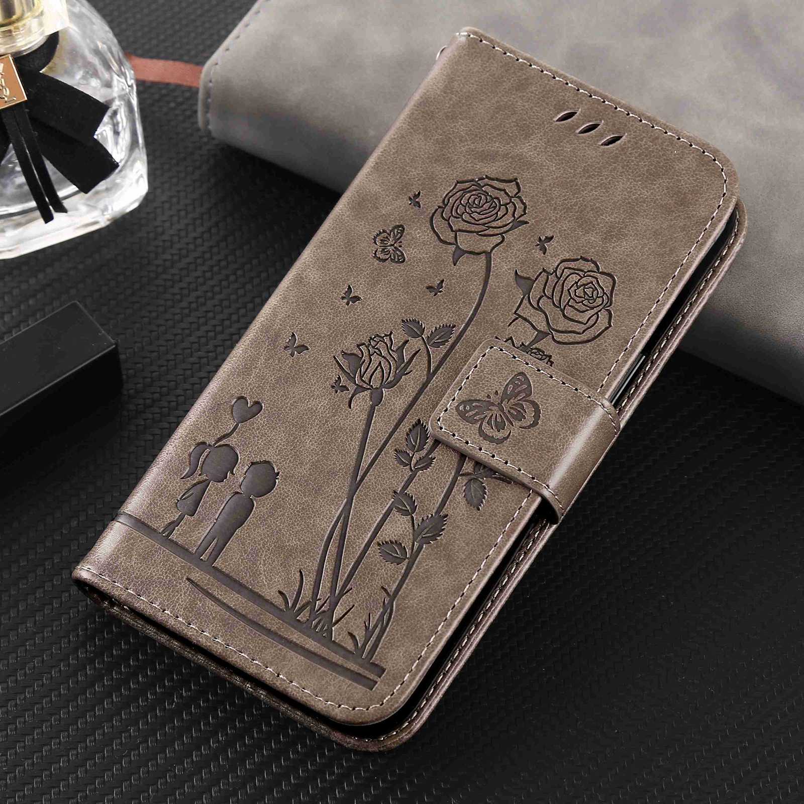 For Samsung Galaxy S20 FE 2022/S20 FE 4G/5G/S20 Lite Phone Cover Bag PU Leather Flowers Couples Imprinted Case Stand Wallet Shell - Grey