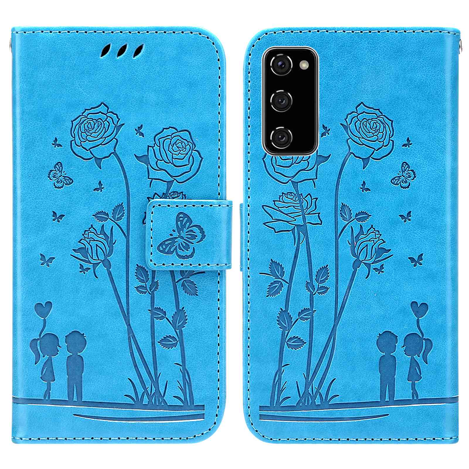 For Samsung Galaxy S20 FE 2022/S20 FE 4G/5G/S20 Lite Phone Cover Bag PU Leather Flowers Couples Imprinted Case Stand Wallet Shell - Blue