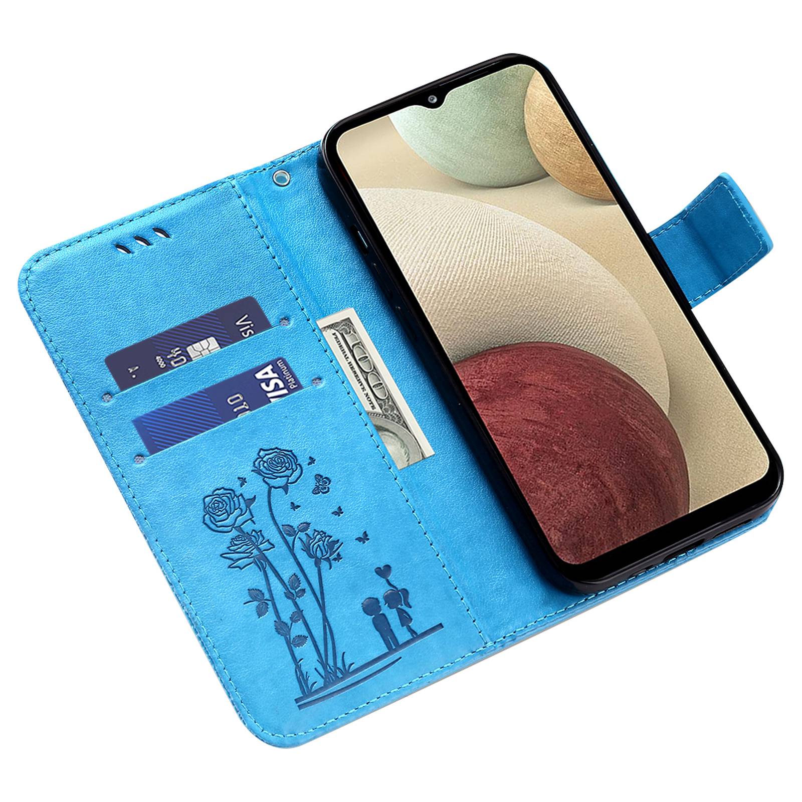 For Samsung Galaxy S20 FE 2022/S20 FE 4G/5G/S20 Lite Phone Cover Bag PU Leather Flowers Couples Imprinted Case Stand Wallet Shell - Blue