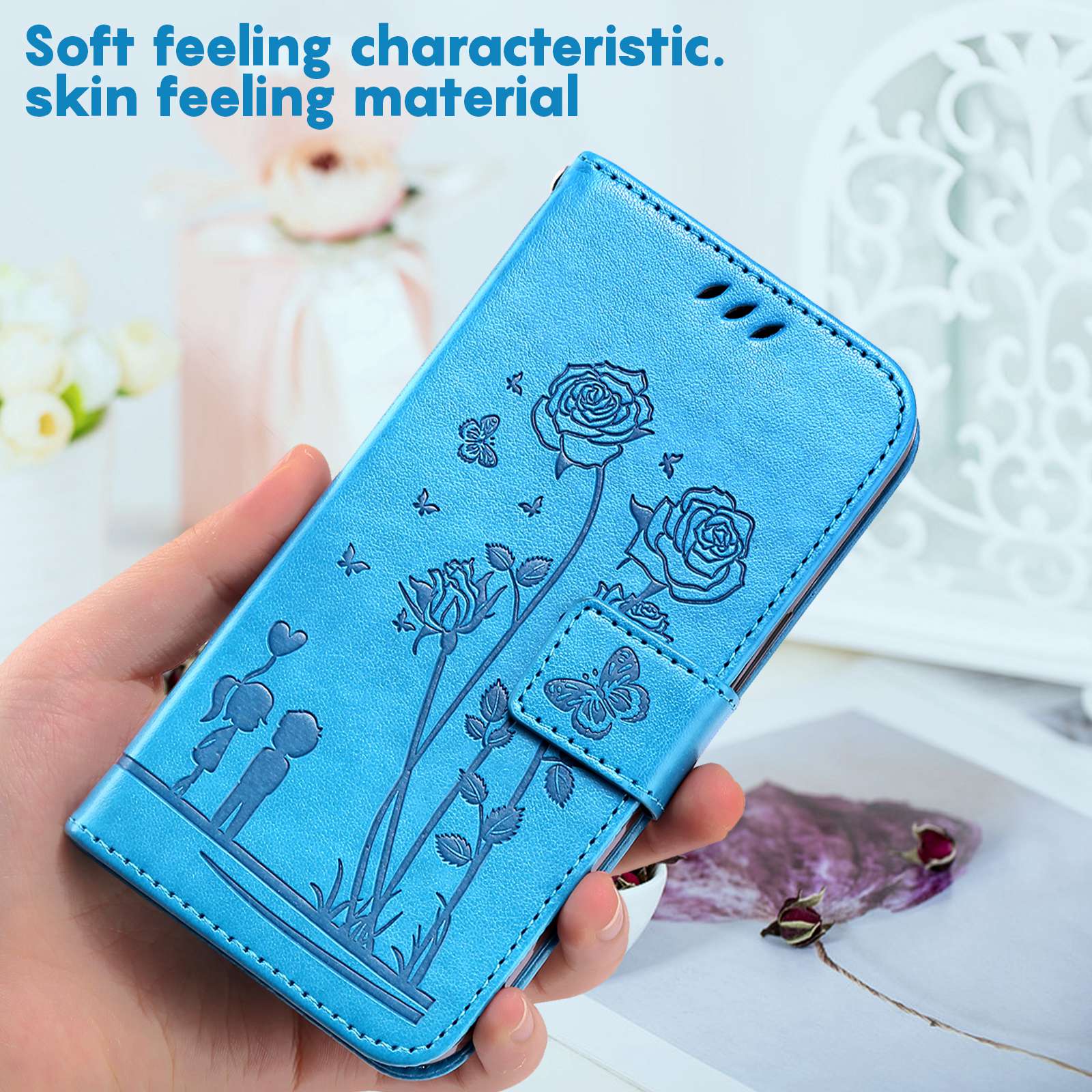 For Samsung Galaxy S20 FE 2022/S20 FE 4G/5G/S20 Lite Phone Cover Bag PU Leather Flowers Couples Imprinted Case Stand Wallet Shell - Blue