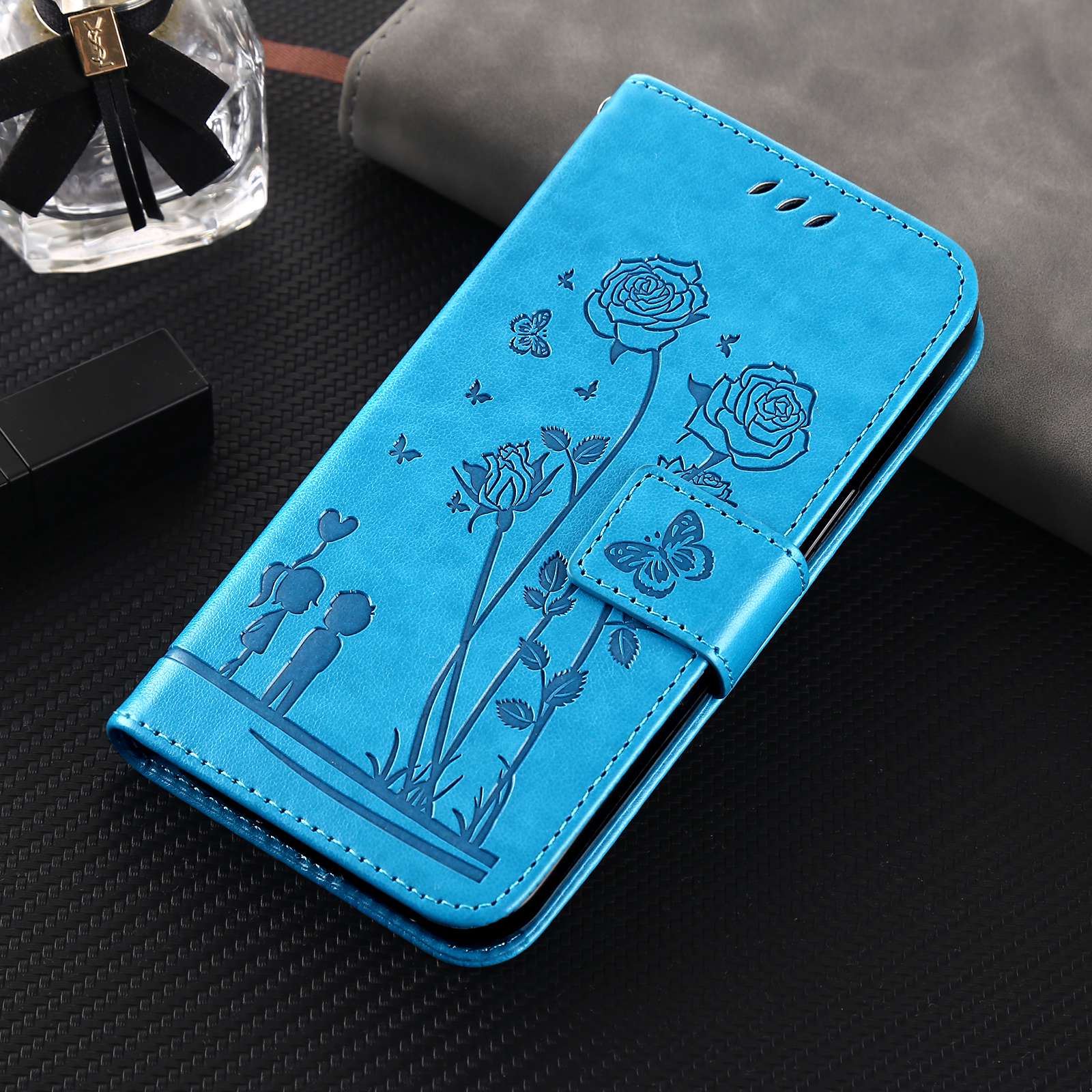 For Samsung Galaxy S20 FE 2022/S20 FE 4G/5G/S20 Lite Phone Cover Bag PU Leather Flowers Couples Imprinted Case Stand Wallet Shell - Blue