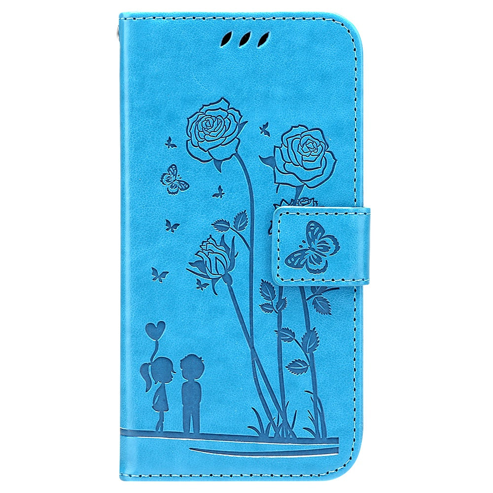 For Samsung Galaxy S20 FE 2022/S20 FE 4G/5G/S20 Lite Phone Cover Bag PU Leather Flowers Couples Imprinted Case Stand Wallet Shell - Blue