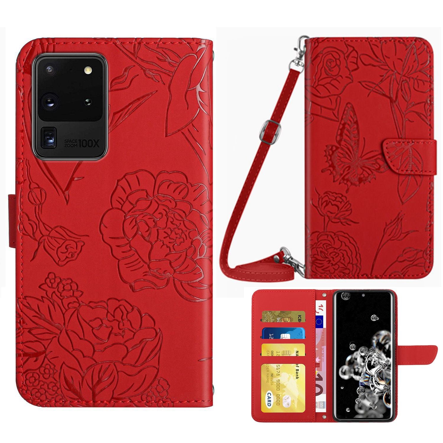 For Samsung Galaxy S20 Ultra 4G/5G Butterfly Flowers Pattern Imprinting PU Leather Wallet Case Shoulder Strap Stand Flip Folio Cover - Red