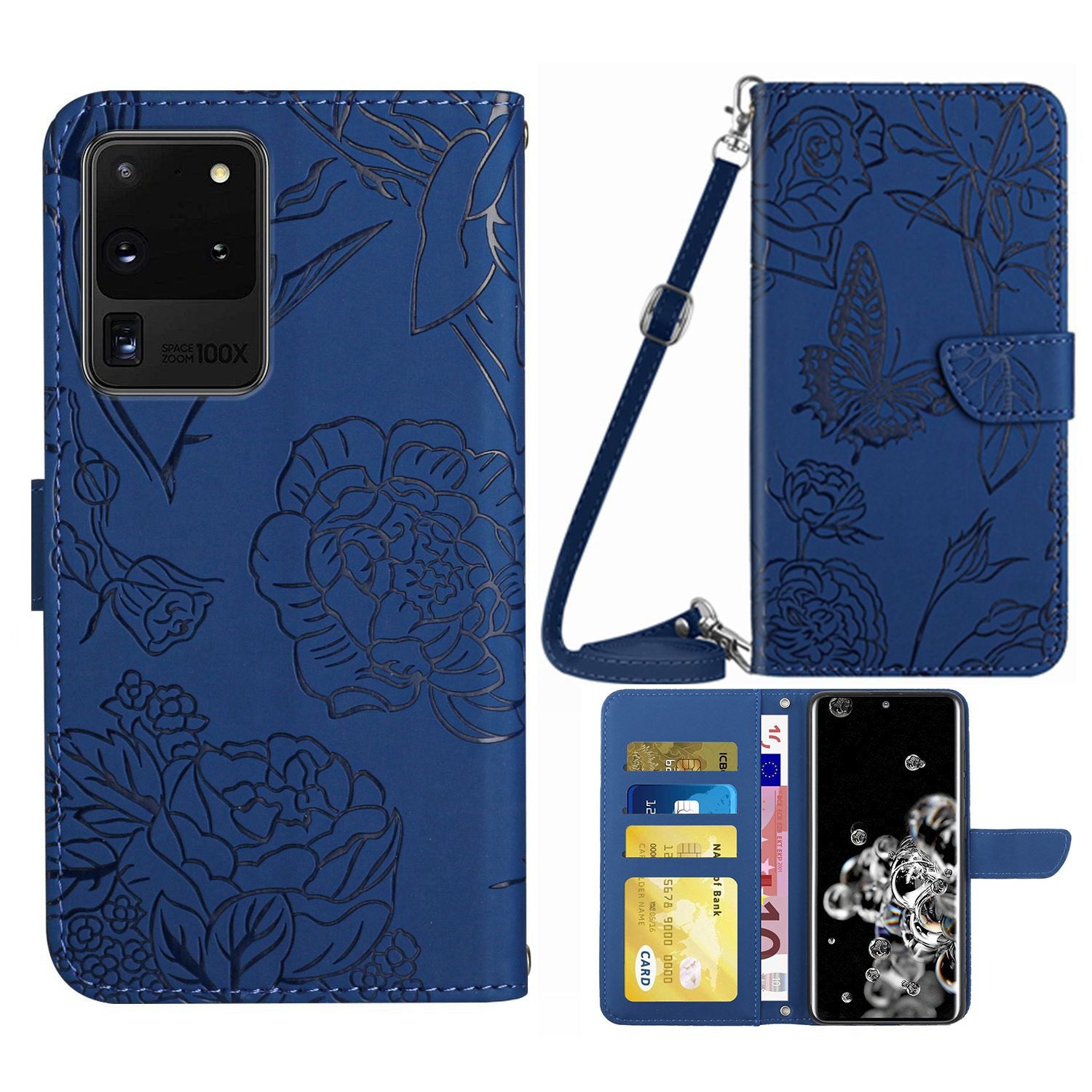 For Samsung Galaxy S20 Ultra 4G/5G Butterfly Flowers Pattern Imprinting PU Leather Wallet Case Shoulder Strap Stand Flip Folio Cover - Blue