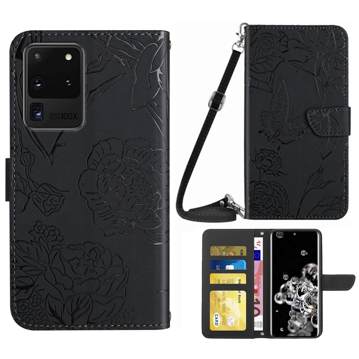 For Samsung Galaxy S20 Ultra 4G/5G Butterfly Flowers Pattern Imprinting PU Leather Wallet Case Shoulder Strap Stand Flip Folio Cover - Black