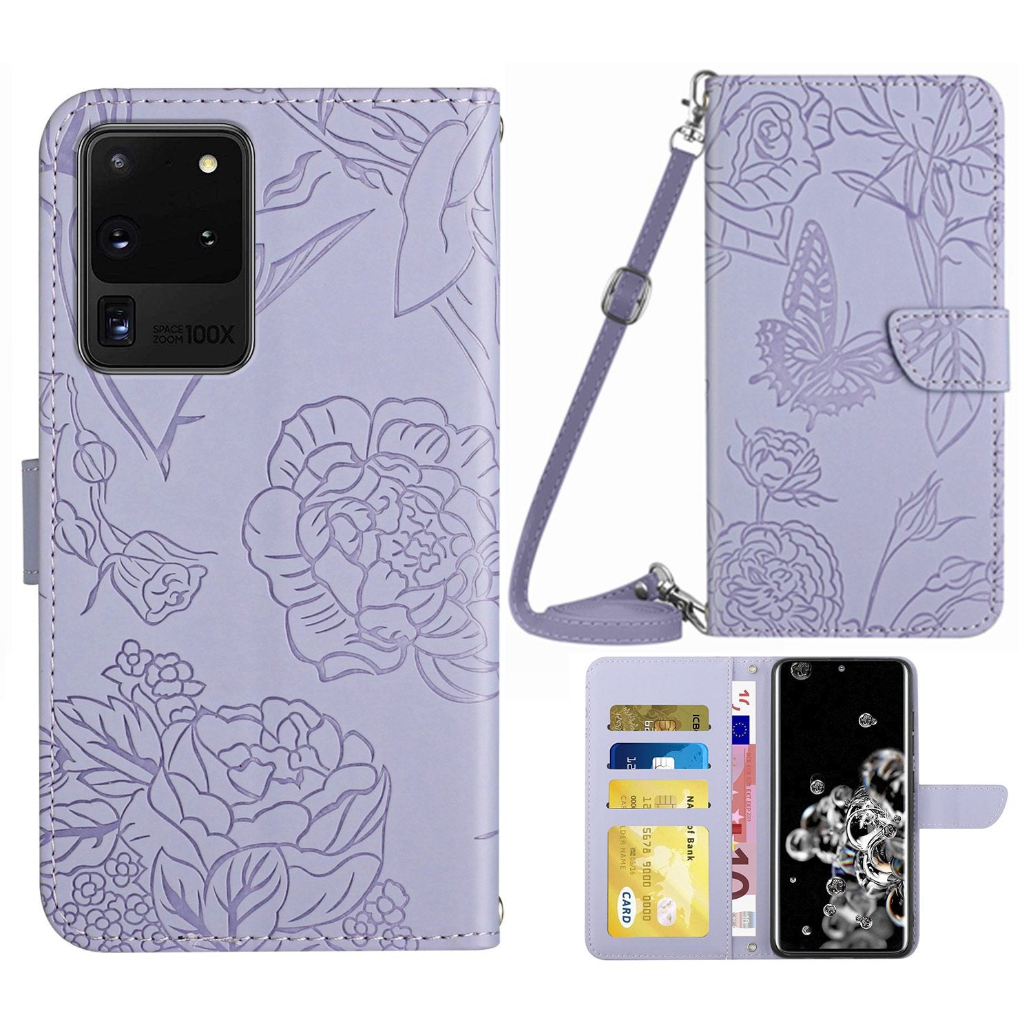 For Samsung Galaxy S20 Ultra 4G/5G Butterfly Flowers Pattern Imprinting PU Leather Wallet Case Shoulder Strap Stand Flip Folio Cover - Light Purple