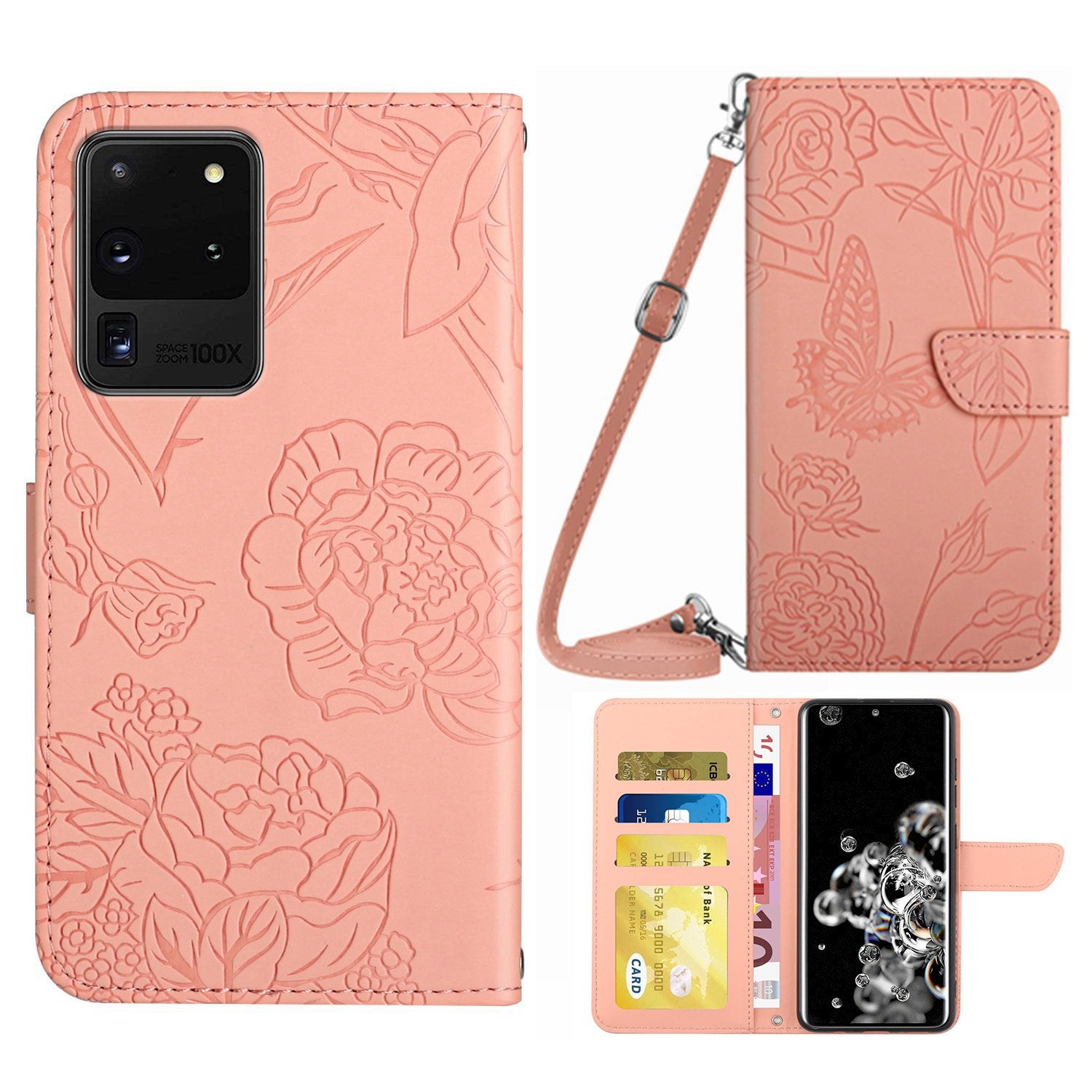 For Samsung Galaxy S20 Ultra 4G/5G Butterfly Flowers Pattern Imprinting PU Leather Wallet Case Shoulder Strap Stand Flip Folio Cover - Pink