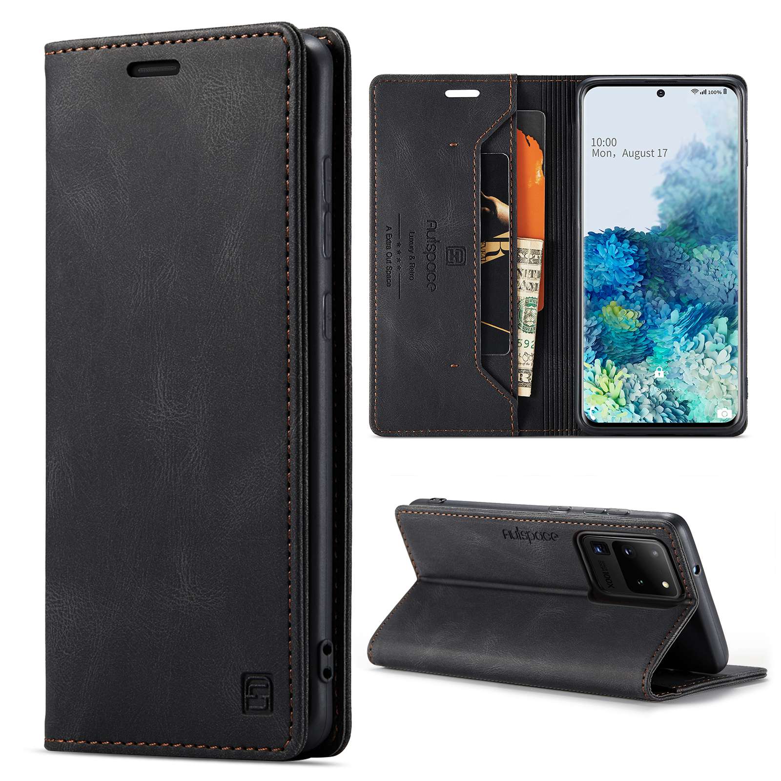 AUTSPACE A01 Series for Samsung Galaxy S20 Ultra 4G / 5G PU Leather Case RFID Blocking Retro Wallet Flip Stand Cover - Black