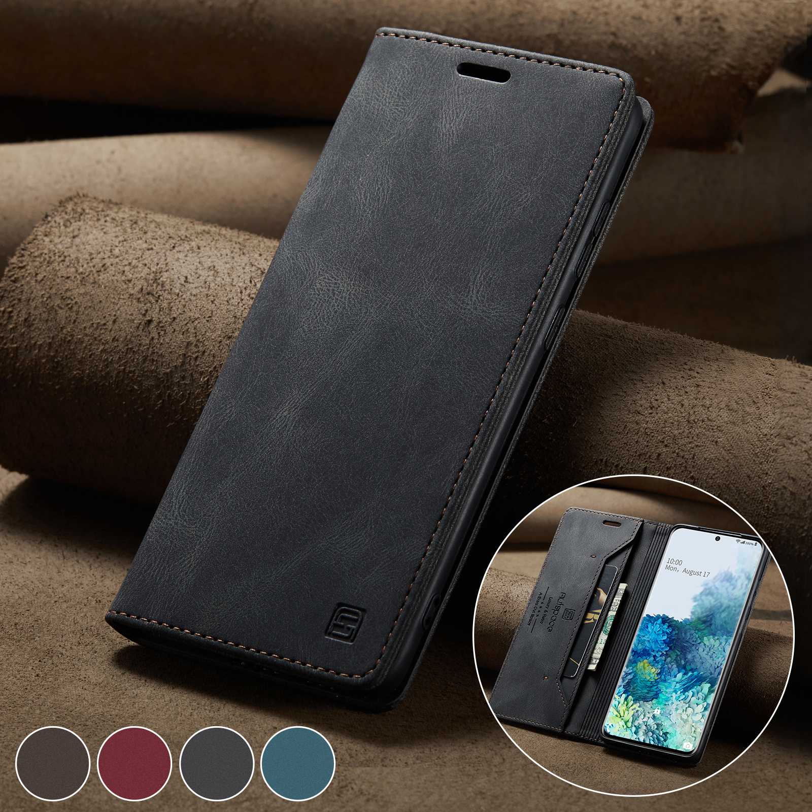 AUTSPACE A01 Series for Samsung Galaxy S20 Ultra 4G / 5G PU Leather Case RFID Blocking Retro Wallet Flip Stand Cover - Black