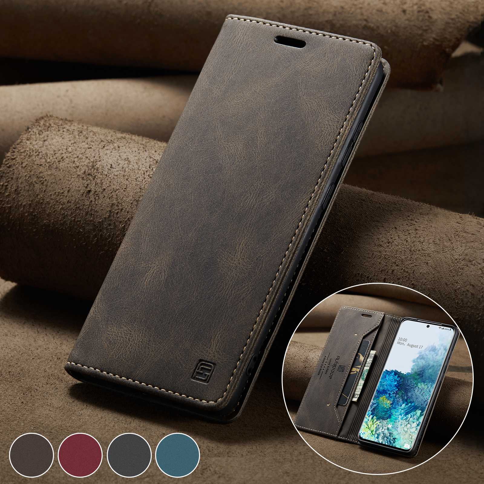 AUTSPACE A01 Series for Samsung Galaxy S20 Ultra 4G / 5G PU Leather Case RFID Blocking Retro Wallet Flip Stand Cover - Coffee